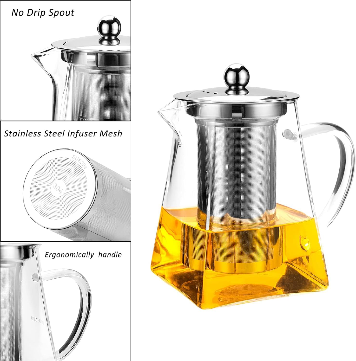 Bellemax 1000ML Glass Kettle Teapot with Removable Infuser & Stainless Stelel Lid & Handle, Glass Tea Kettle Stovetop Safe, Great for Loose Leaf Tea, Blooming Tea & Fruit Infused Water 1 Litre (BW-03)