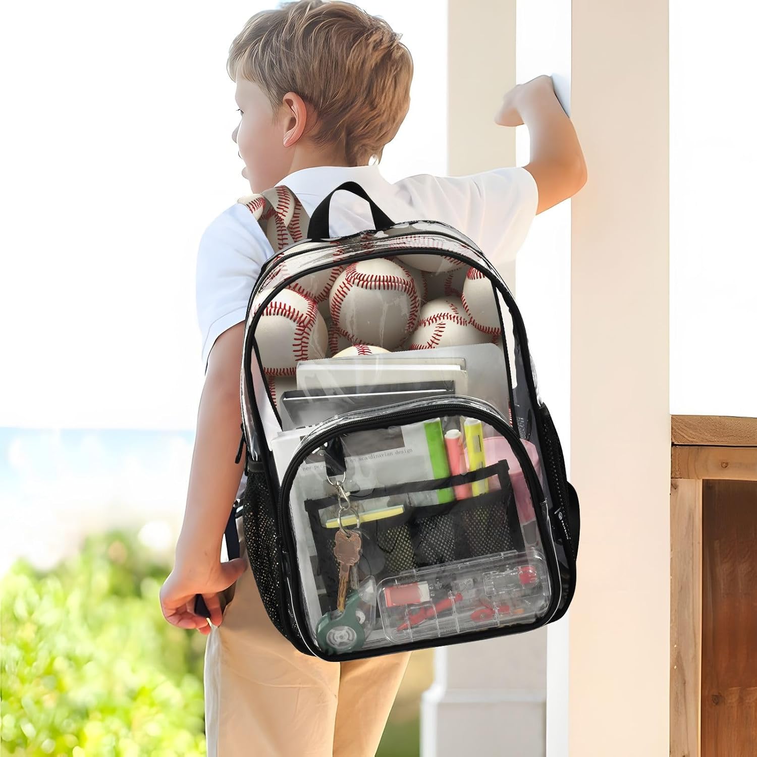 Baseball 3D White Clear Backpack Heavy Duty See Through Transparent PVC BookBag for Kids Boy Girl Adult School Work