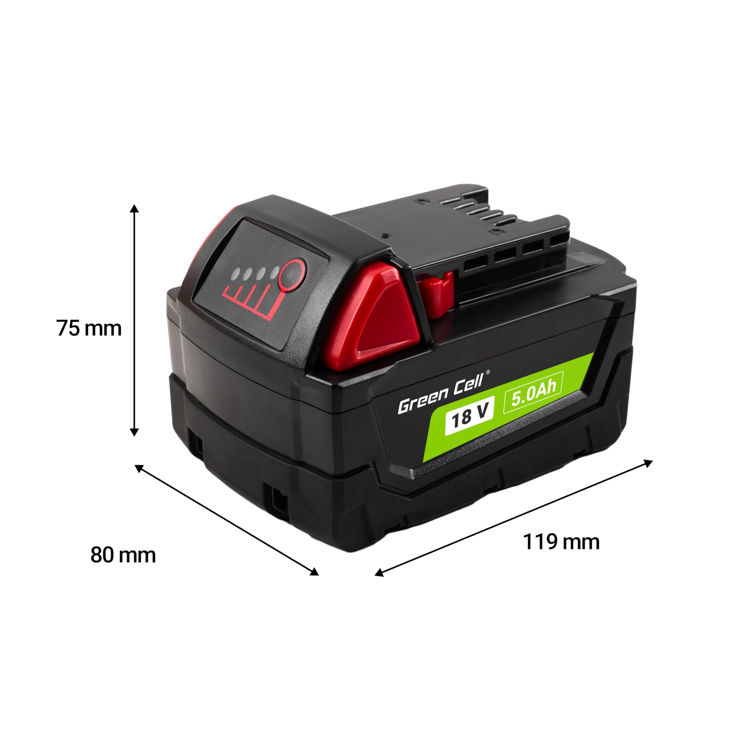 Batteria Green Cell 18V 5Ah Li-Ion per utensili elettrici Milwaukee M18 — Potente, altamente efficiente e affidabile, Sostituto del 4932430483, offre un'alimentazione duratura e stabile