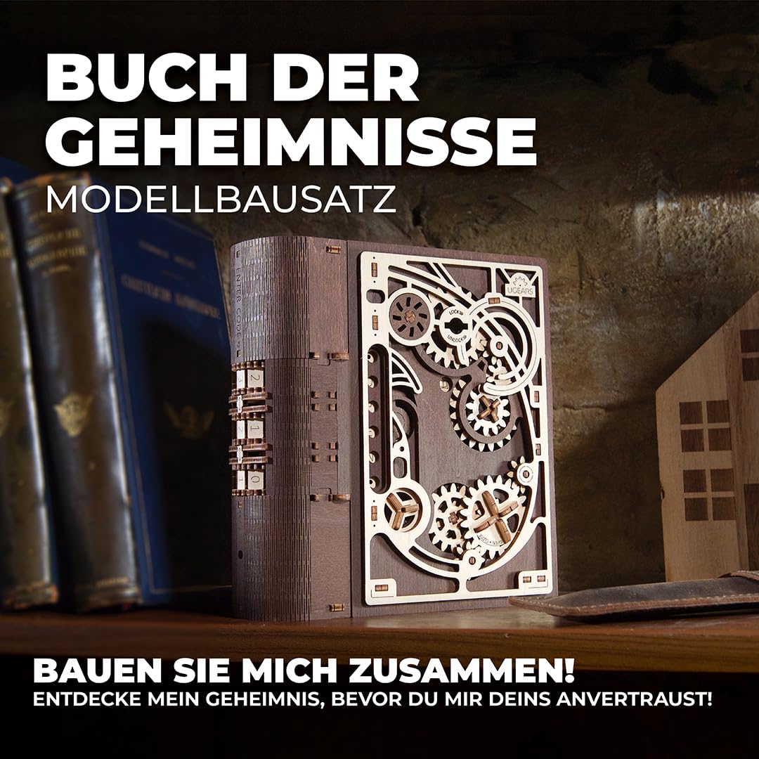 UGEARS Holzmodellbausätze zum Zusammenbauen – Buch der Geheimnisse 3D Holzpuzzles für Erwachsene mit Steampunk-Kombinationsschloss – Mechanische Puzzlebücher für Erwachsene 263 Teile