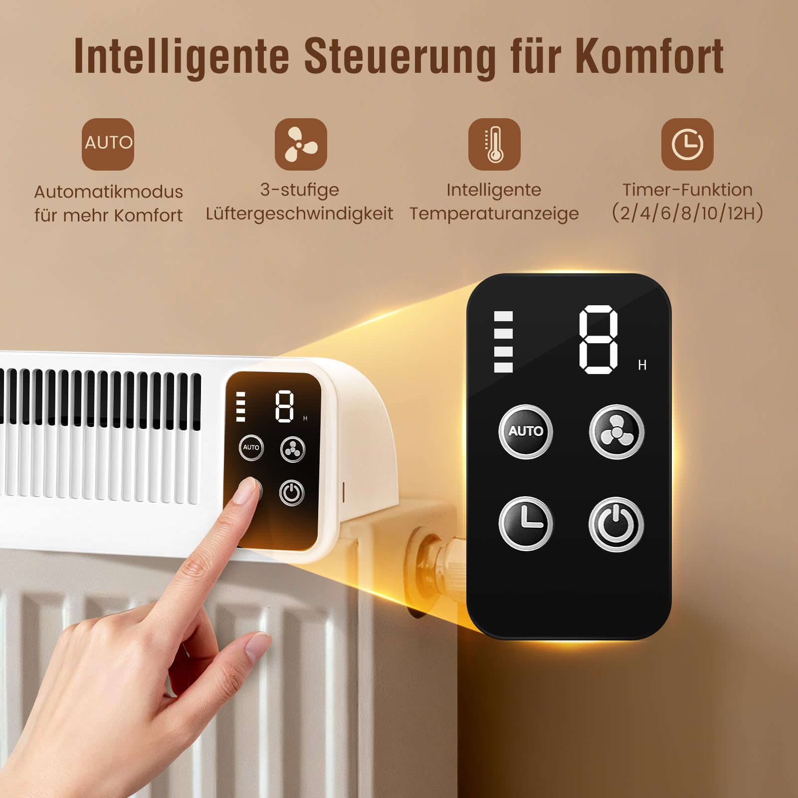 Heizkörper Ventilator mit 3 Lüftern, SURAIELEC Heizungsventilator mit Magnetischer Befestigung, 3 Geschwindigkeiten & Auto-Modus, 5200mAh Akku, USB-C, Temperaturanzeige, Weiß, CE Zertifiziert
