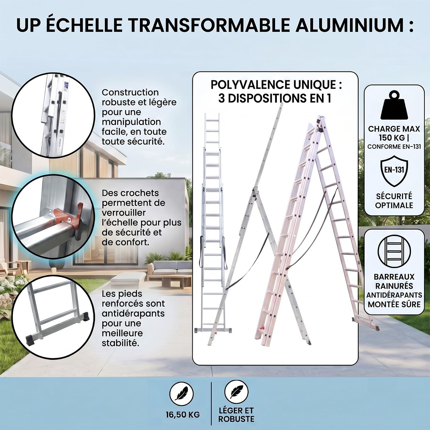 UP Echelle Transformable en Aluminium coulissante Extensible 3 Plans 12 marches