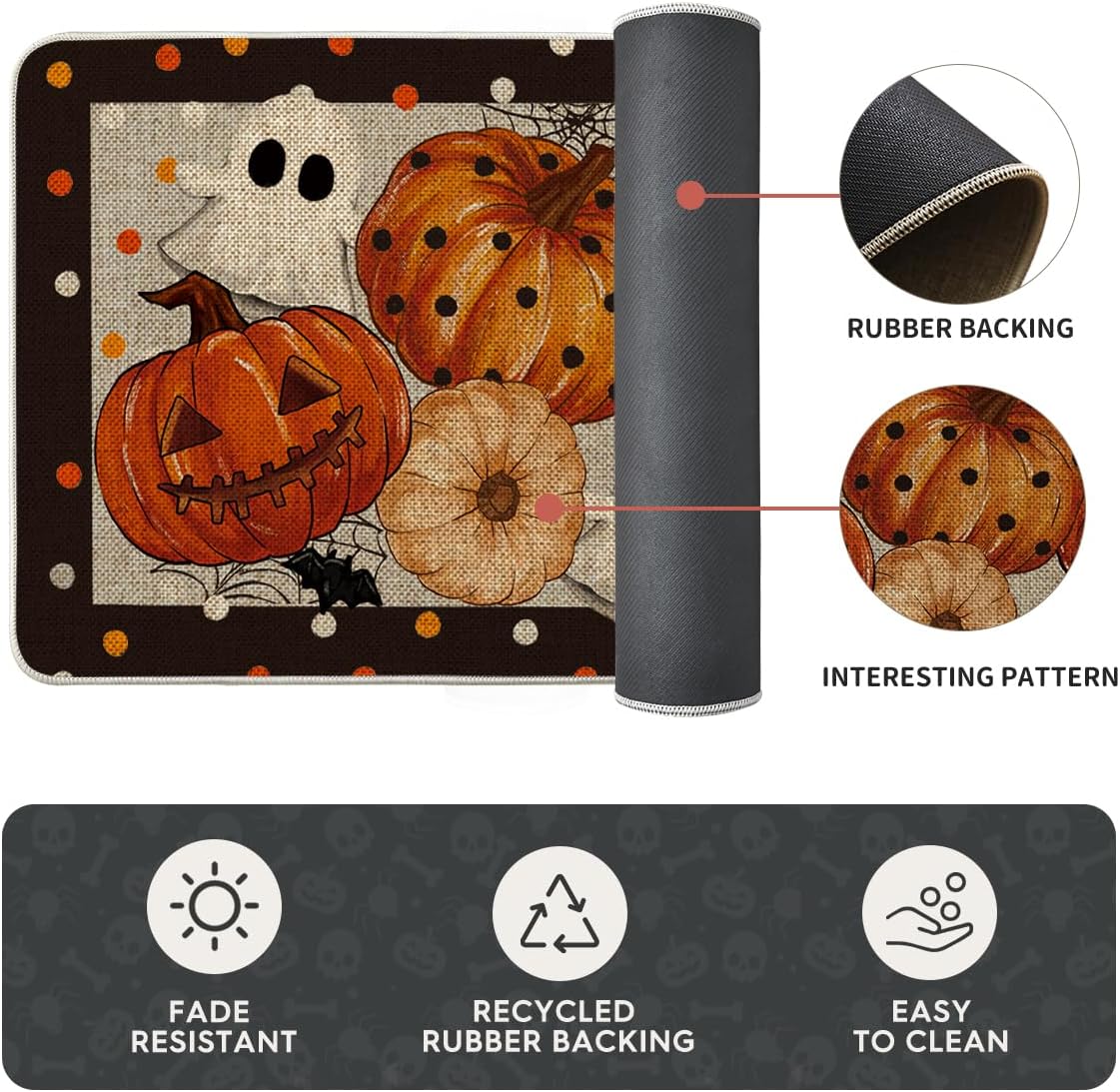 Artoid Mode Black Ghost Spooky Jack-O'-Lantern Pumpkin Halloween Kitchen Mats Set of 2, Low-Profile Home Decor Kitchen Rugs for Floor - 17x29 and 17x47 Inch