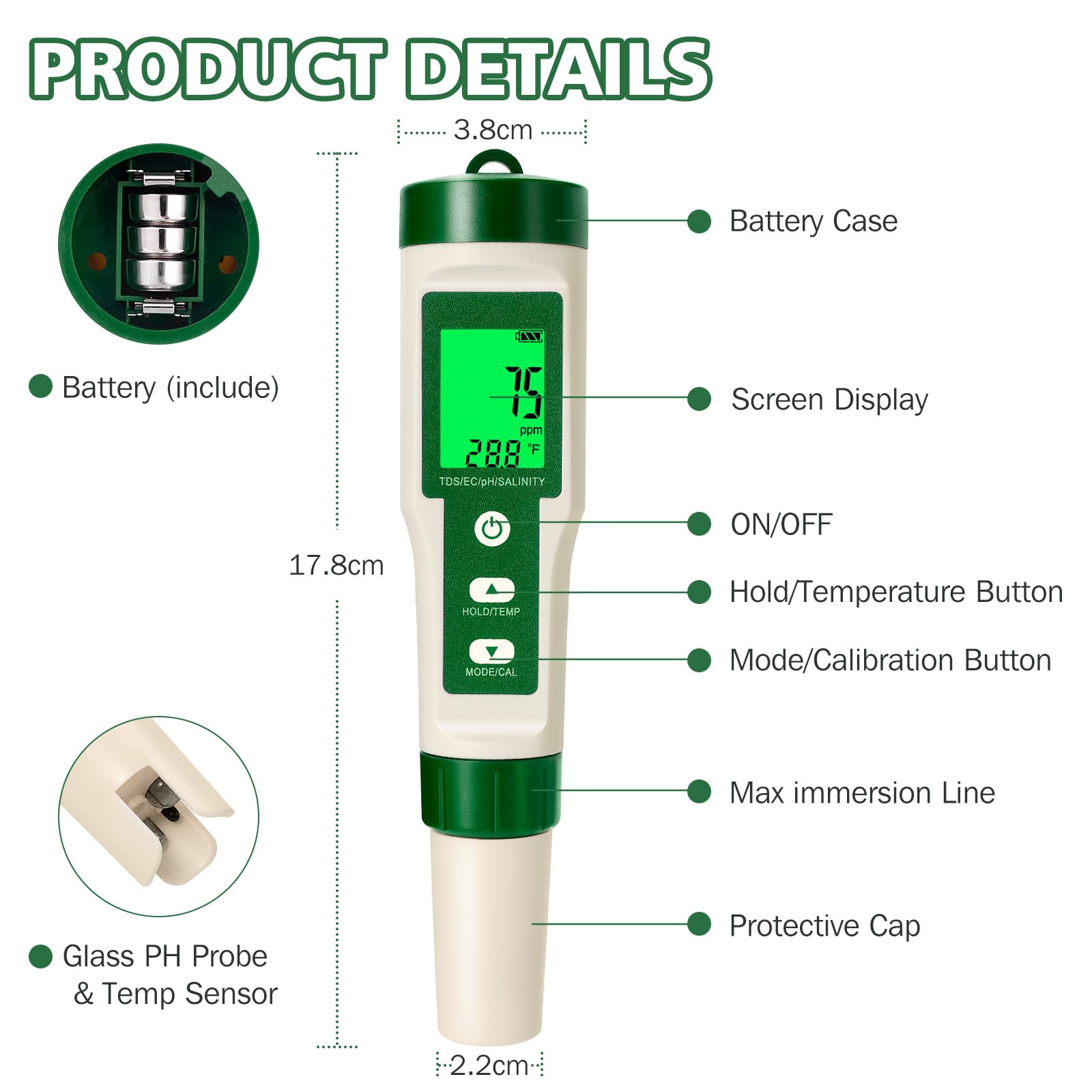 Testeur pH 5 en 1 Numérique, pH Mètre avec Automatique de la Température, Précision 0.01, Mesure pH, TDS, EC, Salinité et Température, Testeur d'Eau pour Piscine, Hydroponie, Aquarium, Eau Potable