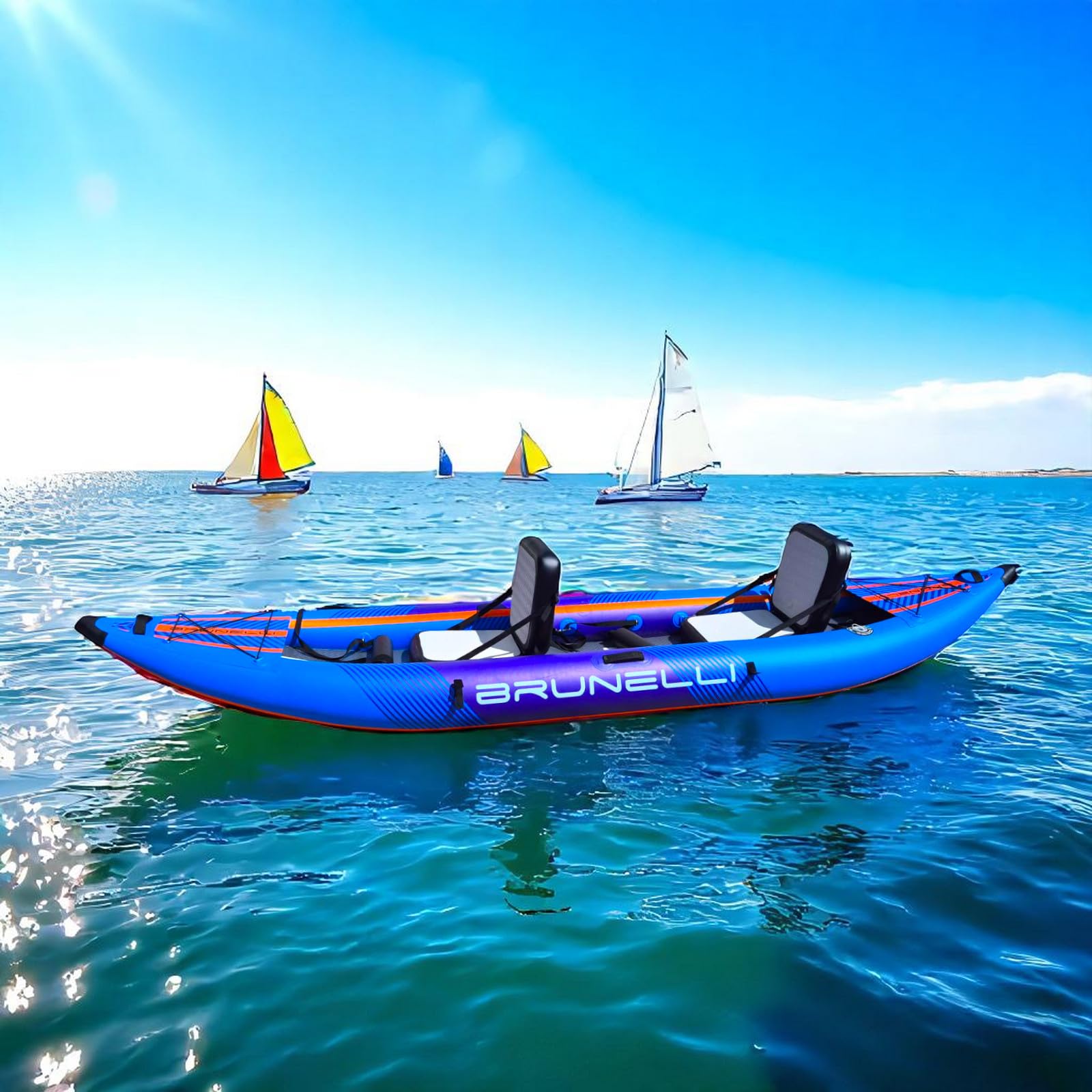 Brunelli 2 Personen Kajak aufblasbar Komplettset Drop-Stitch Kanu Kayak Tour Paddelboot blau