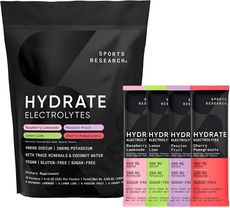 Sports Research® Hydrate Electrolytes, 32 Variety Packets | Sugar-Free Passion Fruit (4), Cherry Pom. (4), Lemon Lime (4), Raspberry Lemonade (4) w/ Vitamins, Minerals, & Coconut Water