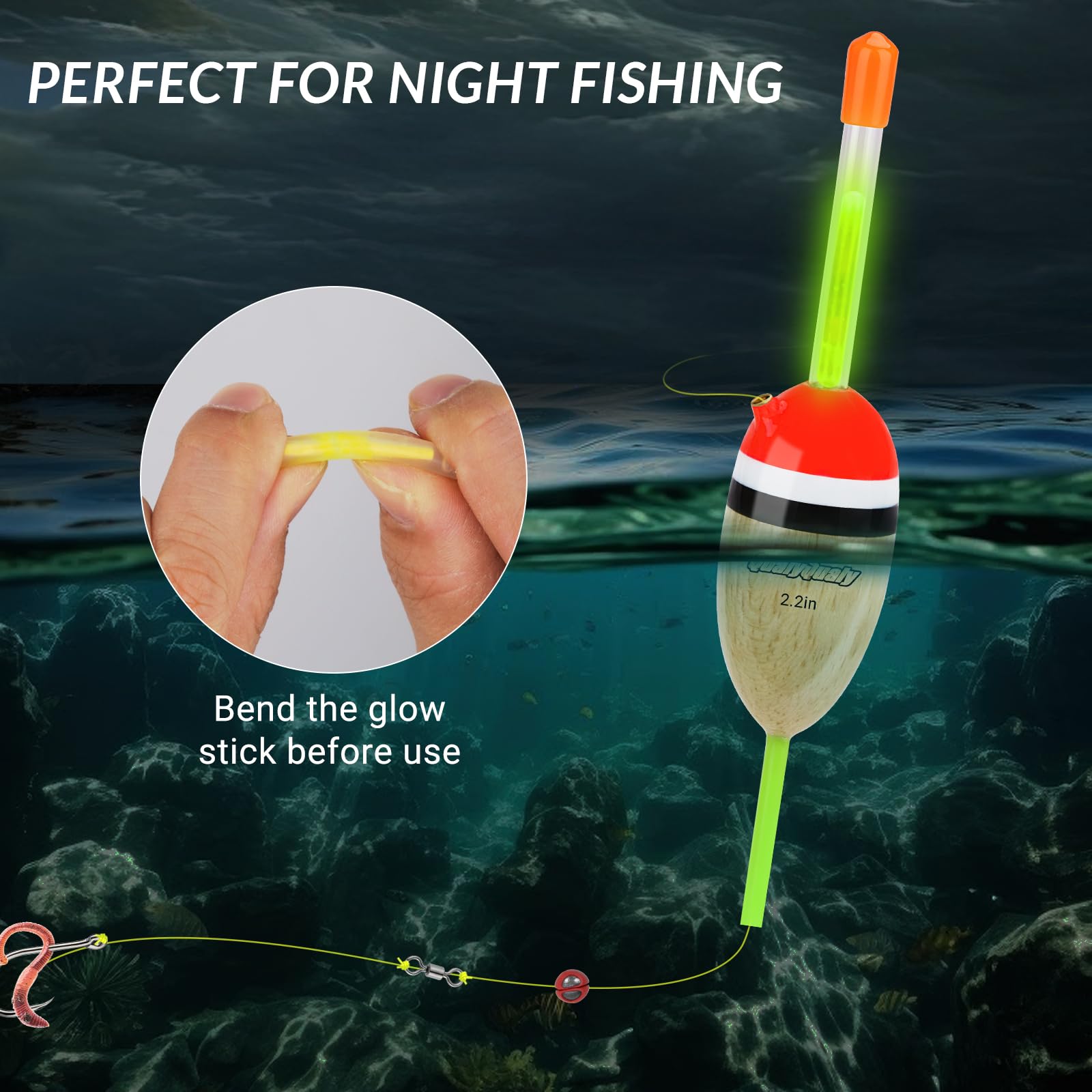 QualyQualy Lighted Fishing Slip Bobber 4-5Pcs Wood/EVA Fish Float + 8-10Pcs Glow Sticks, Night Fishing Light Up Slip Bobber for Crappie Bass Panfish Catfish Walleye