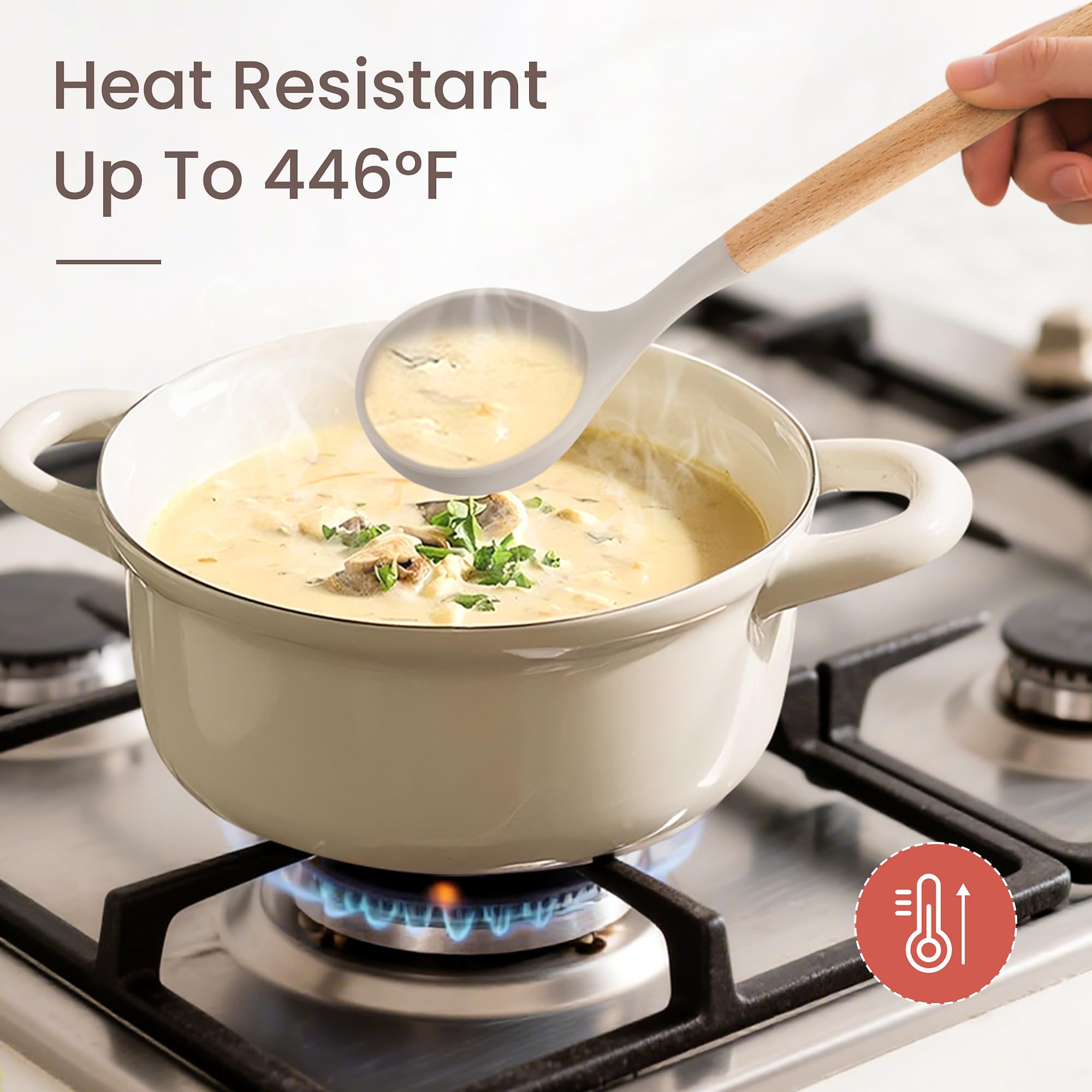 Silicone Cooking Utensils Set with Holder, BPA Free Kitchen Utensils Set for Cooking, 446°F Spatulas Silicone Heat Resistant Wooden Handle Spoon Tongs Non-stick Kitchen Gadgets (Khaki)