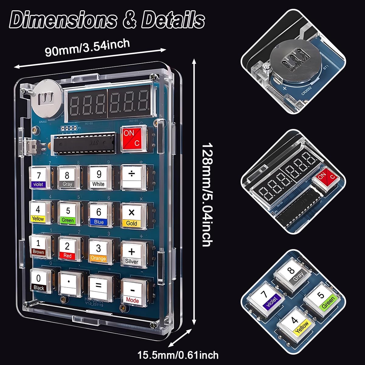 Zestaw do ćwiczeń lutowniczych DIY, 6-cyfrowy kalkulator DIY, zasilany przez USB/baterię, z czytnikiem oporu, gry matematyczne, przezroczysty kalkulator do szkoły i biura, z kablem USB i