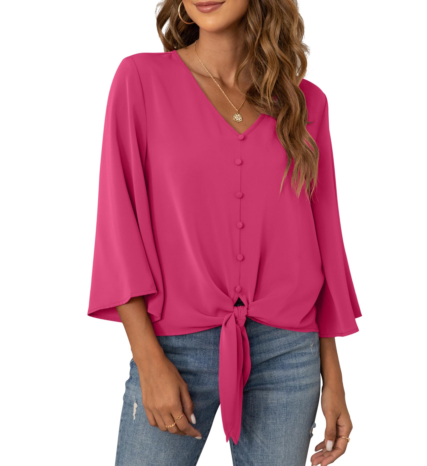 VIISHOWWomen's Button V Neck Chiffon Tops 3/4 Bell Sleeve Tie Knot Casual Blouses Loose Summer Shirts