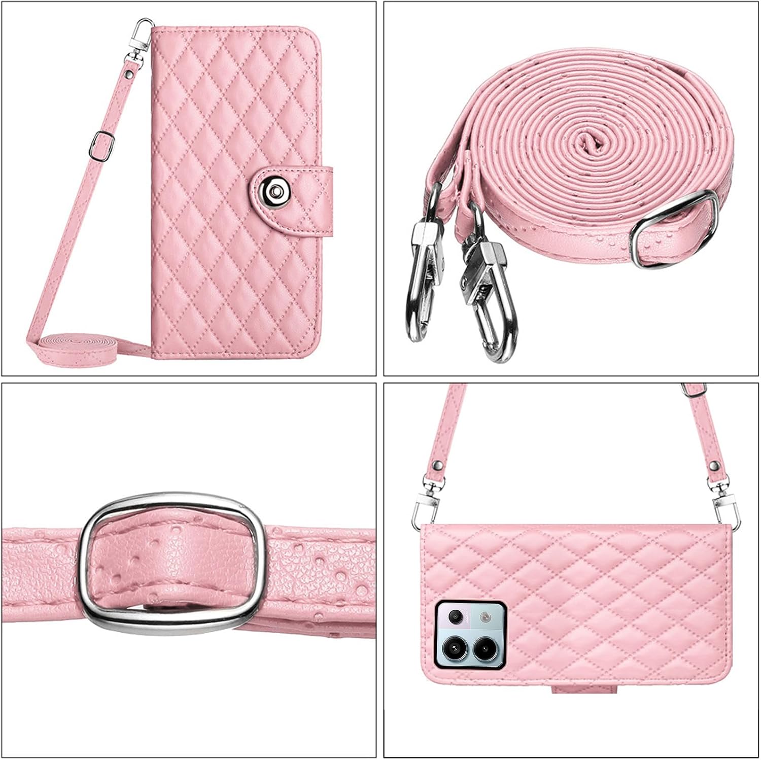 Wallet Case for Xiaomi Redmi Note 13 5G with Wrist Strap Crossbody Shoulder Strap, Argyle Pattern Leather Flip Credit Card Holder Stand Cell Phone Cover for Redmi Note13 5G Girls Women Pink