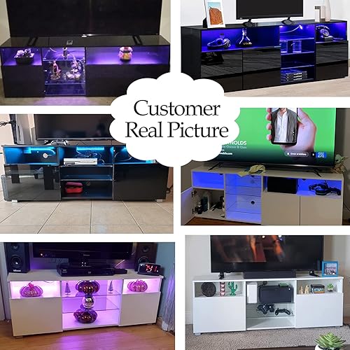 Miniatura 6 de Soporte de TV negro LED de alto brillo para TV de 556065 pulgadas, moderno centro de entretenimiento LED con estantes de almacenamiento ajustables,