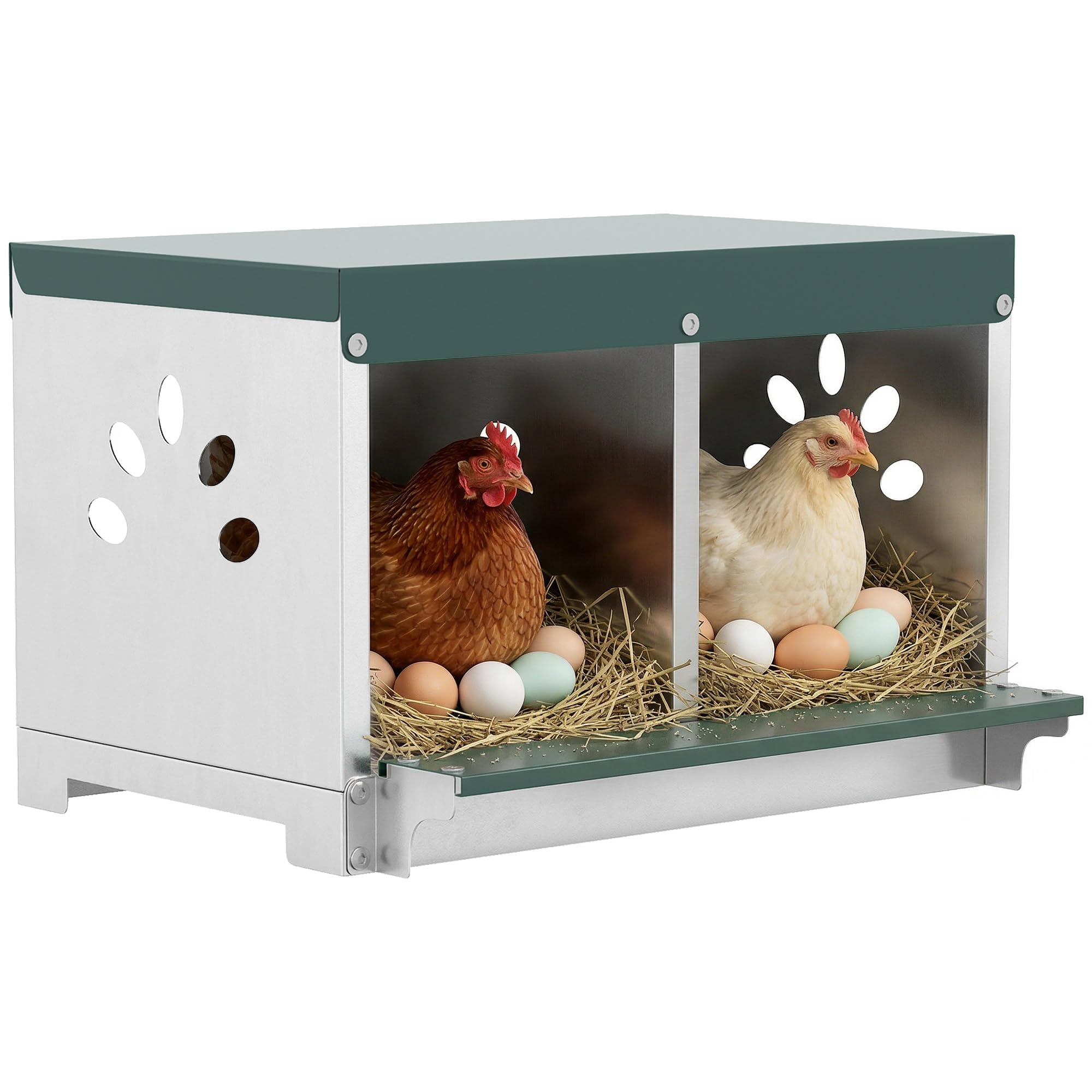 PawHut Nido per Galline Ovaiole in Acciaio a 2 Aree con Base Rialzata e Tetto, Nido Galline con Fori di Ventilazione, Facile da Pulire, 54.5x42.5x35.5 cm, Argento