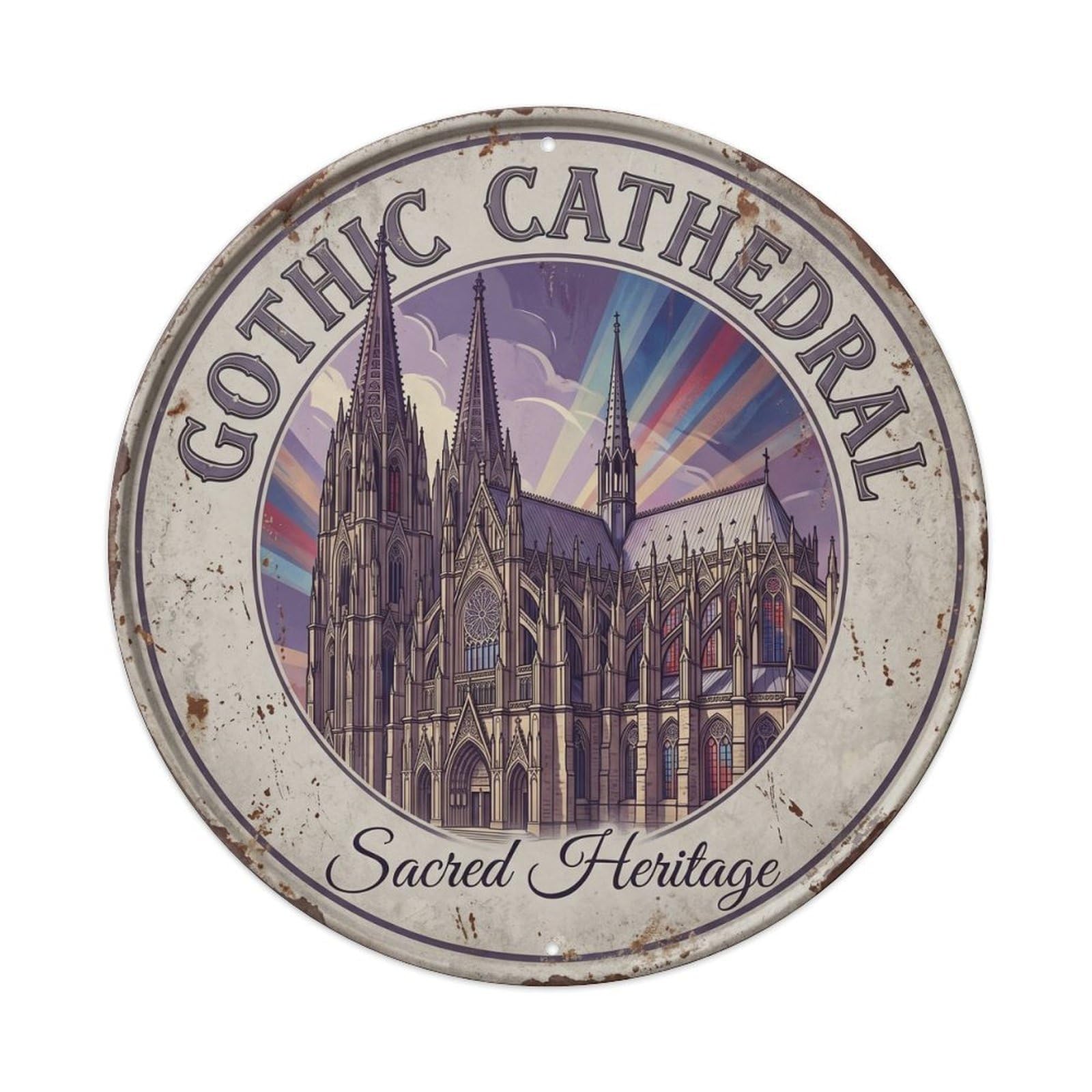Cmhok Vintage Style Vintage Travel Cathedral Gothic Architecture Metal Tin Sign Plaque Wall Decor For Cafe, Club, Garden Round Metal Poster 8X8inch