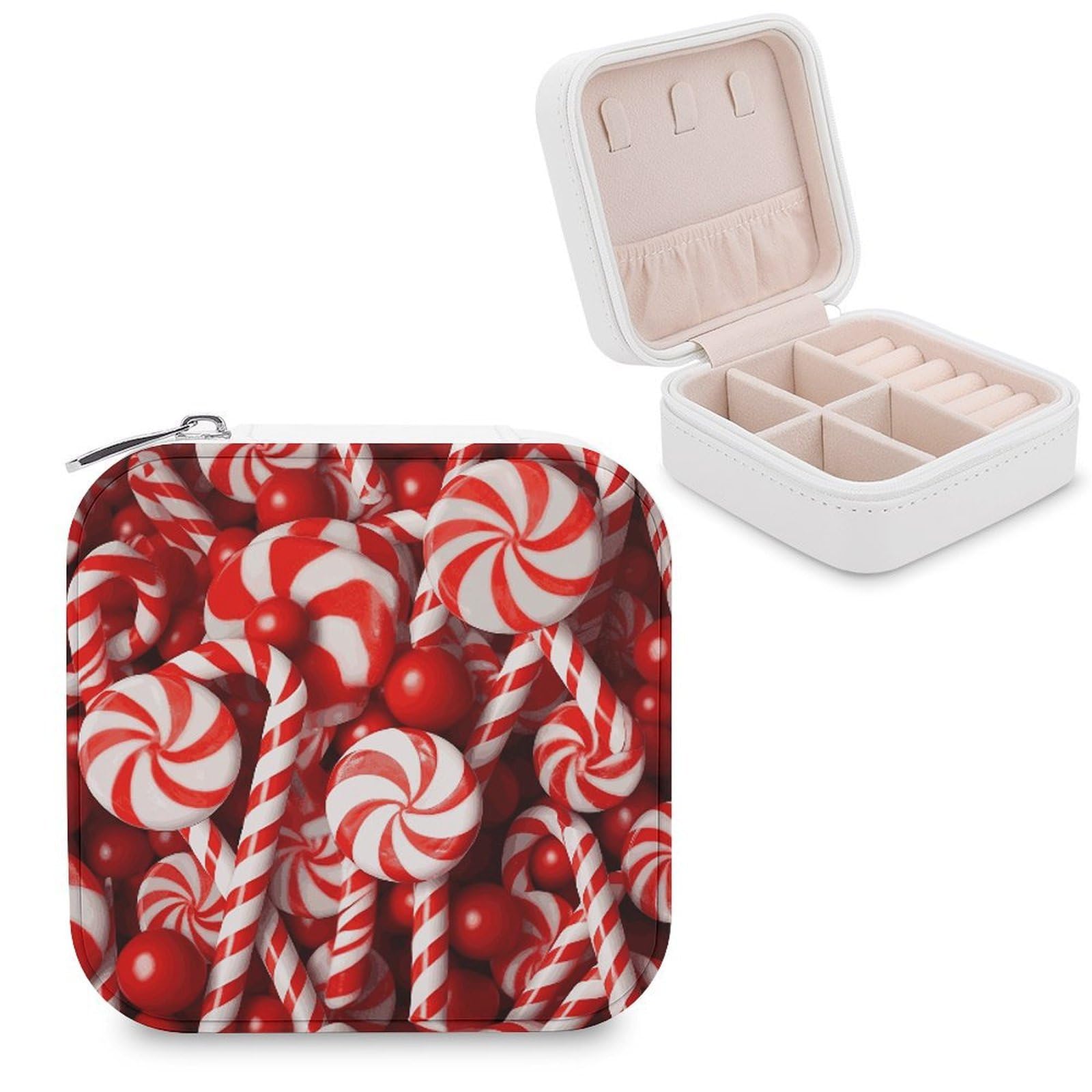 MUSM Candy Canes Travel Jewelry Case Personalized PU Leather Jewelry Boxes for Women Small Portable Jewelry Organizer Box Cute Trinket Box for Necklaces Rings Earrings & Gifts