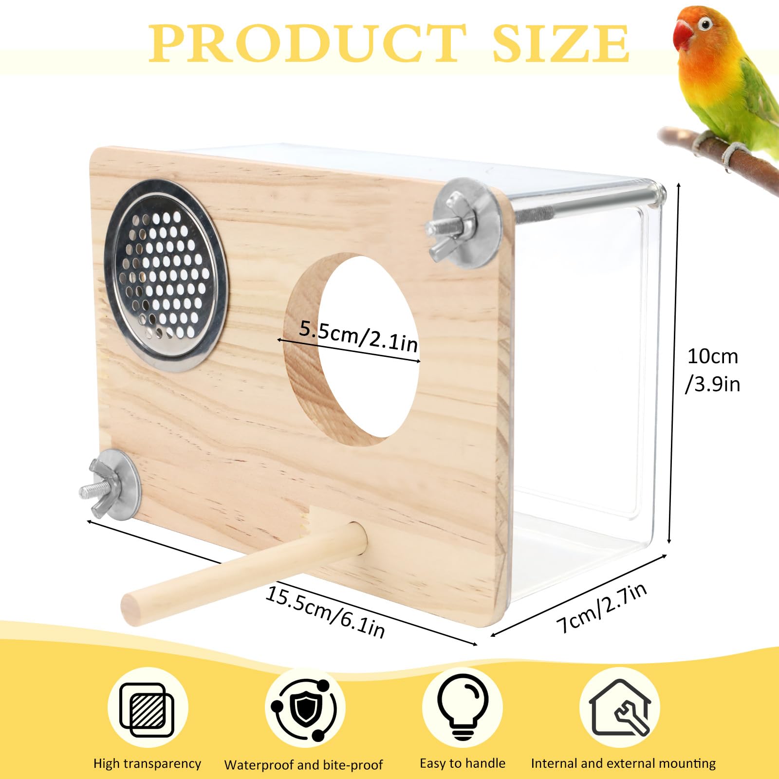 Nichoir pour cage à perruches en PET hautement transparent - Nichoir polyvalent pour canaris, inséparables et perroquets - Avec perchoir en bois - Accessoires de cage à oiseaux (taille S)