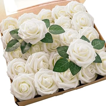 Artificial Flowers Roses with Stems for DIY Wedding Cream, 25