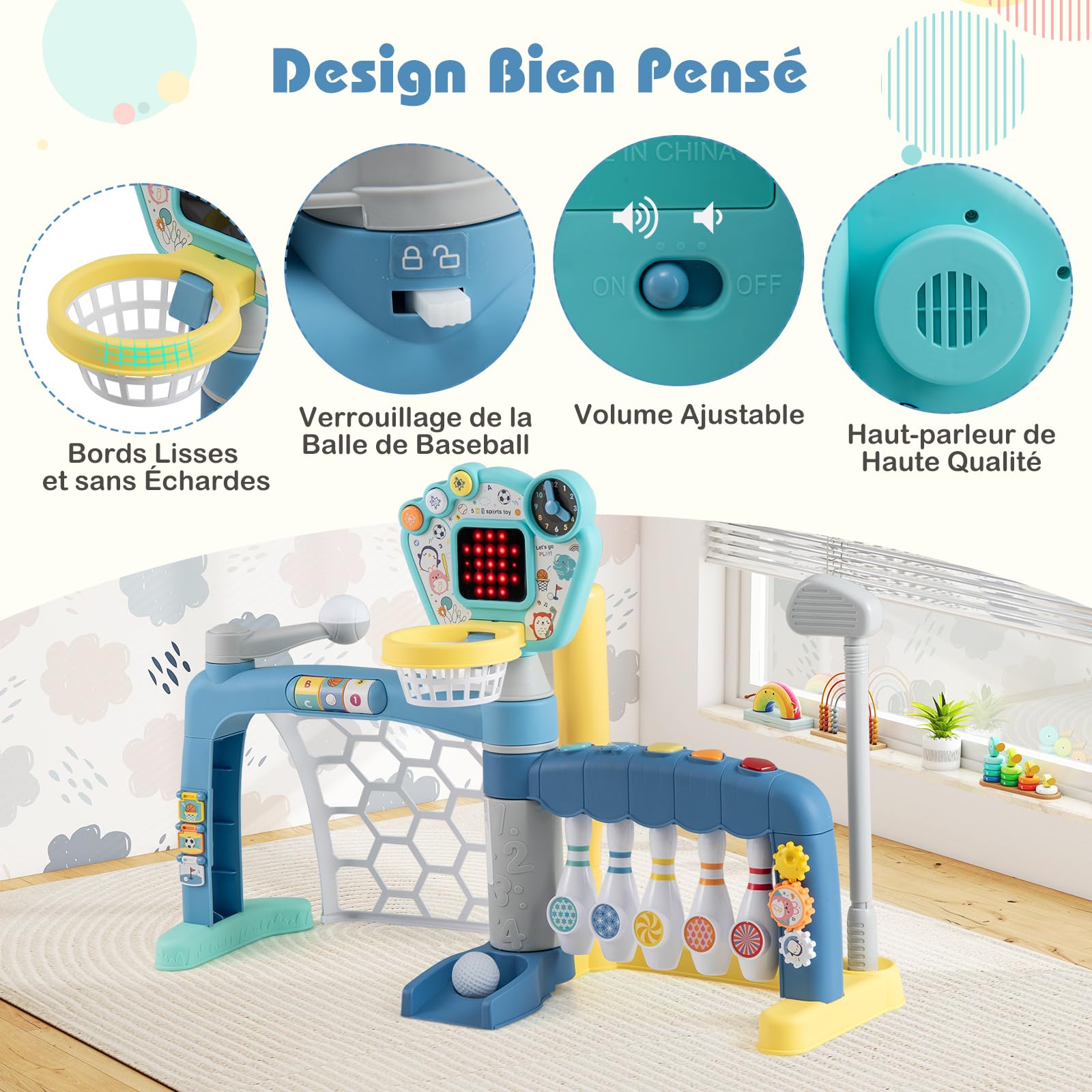COSTWAY Jouet Sportif 5 en 1 Enfant avec Panier de Basketball & Football & Golf & Bowling & Baseball, Centre d'Activités avec Lumières & Musique & Score LED, Horloge et Cartes pour 18 Mois+