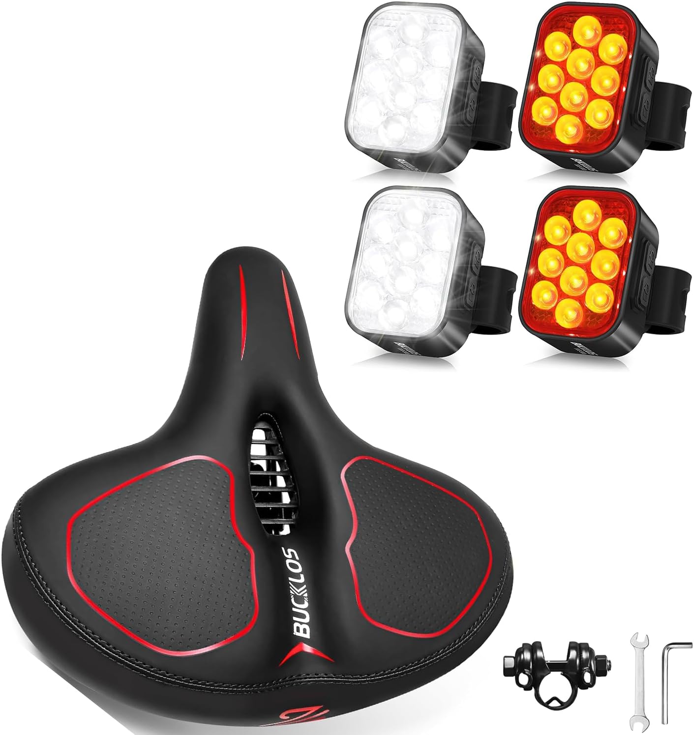 BUCKLOS Bike Large Seat for Ebike Beach Cruiser Peloton Stationary Red & Bike Lights Front and Back for Night Riding,10 LED Ultra Bright 8+9 Modes USB Rechargeable Light Set, 35 Hrs Battery Life