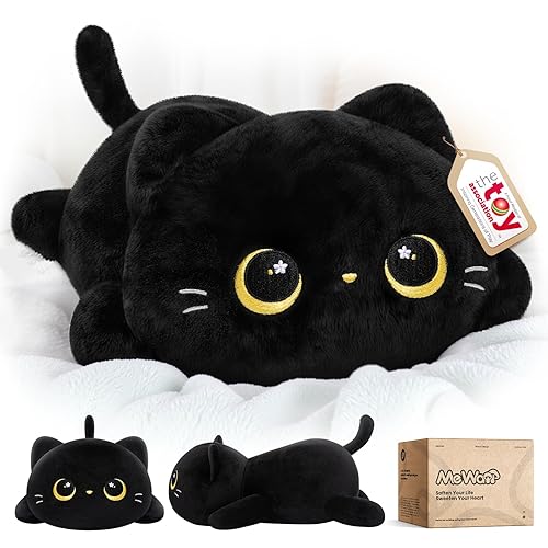 Mewaii Cute Black Cat Plush Pillow, Kawaii Plushies Black Cat Stuffed Animals, Squishy Plushies, Cuddle Plush Pillow for Kids & Girls (13 Inch) - Black Cat