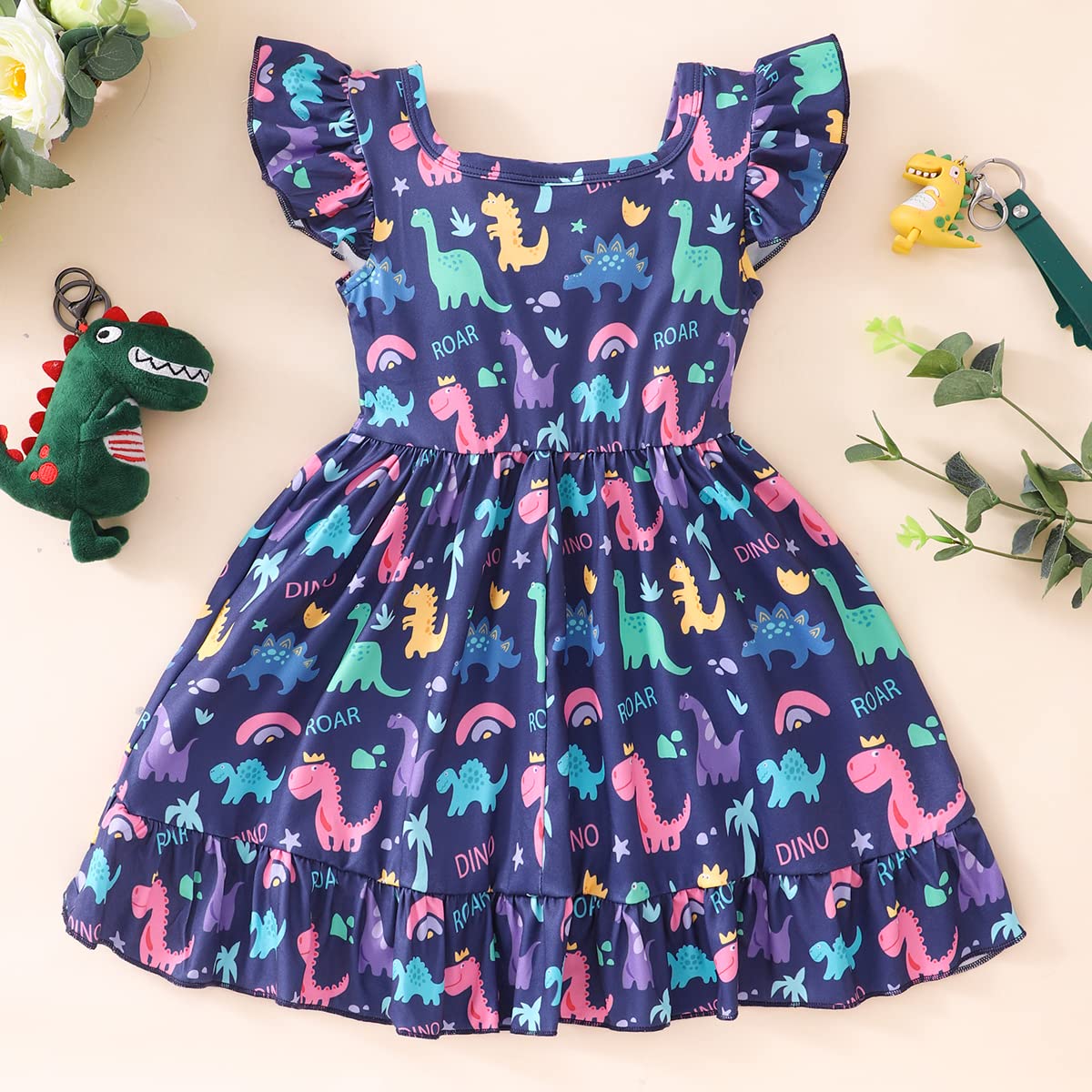 Vestido de dinosaurio para niña pequeña, manga con vuelo, lindo atuendo de verano para bebé niña, vestido casual con volantes
