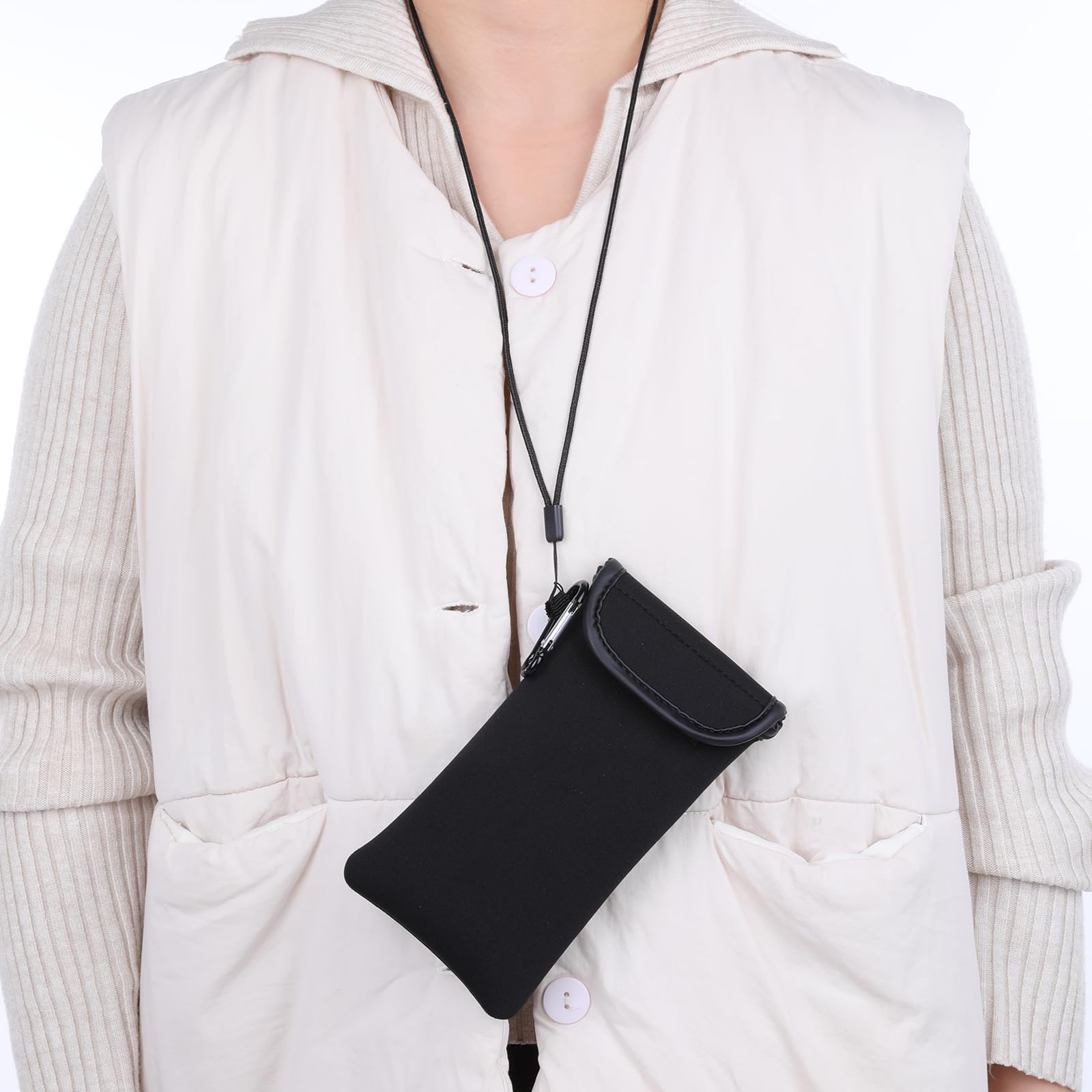 Neopren Handy Tasche mit Umhängeband und Karabiner Universelle Handytasche 7 Zoll Lang (Schwarz)