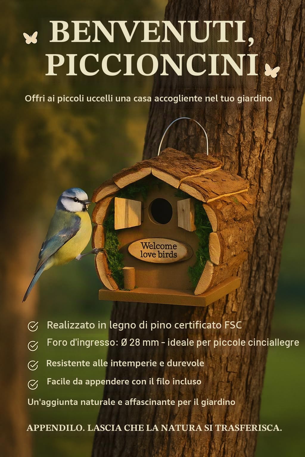 Flamingo Cassetta nido per uccelli in legno Cortesa Inclino - 14x13x20cm - resistente alle intemperie - legno di pino certificato FSC