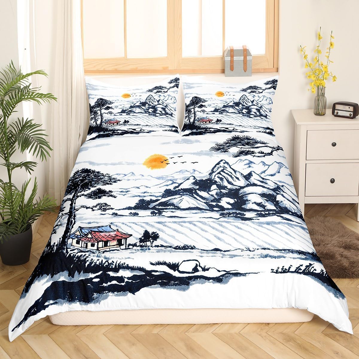 Japoński styl super king size, zestaw poszewek na kołdrę, obraz atramentowy, miękka poszewka na kołdrę, całoroczna poszewka na kołdrę, 260 x 220 cm, szczotkowana mikrofibra, hipoalergiczne zestawy