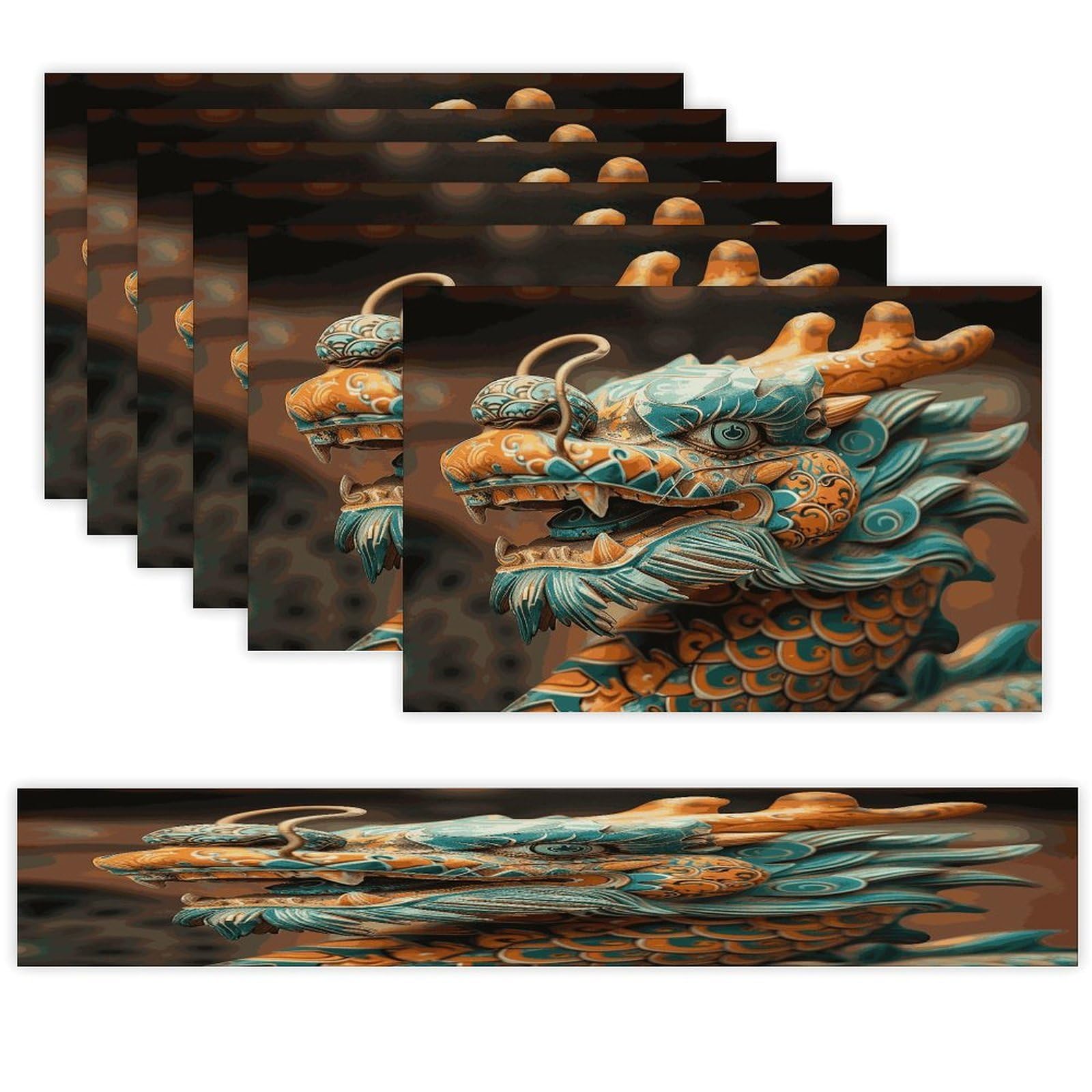 Ancient Chinese Dragon Table Runner and Placemats Set of 6 Wipe Clean Heat Resistant Table Mat with Table Runner Decorations Flax Linen Place Mat Set for Home Kitchen Party Supplies