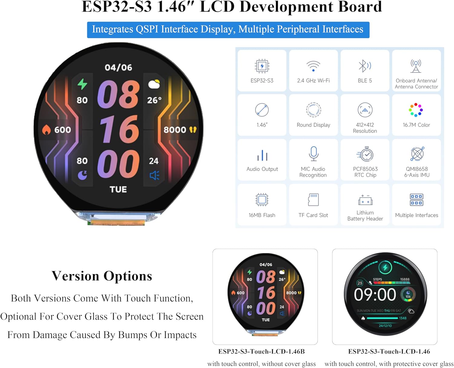 ESP32-S3 1.46inch Round Touch Display Development Board, 412x412 IPS LCD, Onboard Speaker and Microphone/Audio Input and Output, Supports Offline Speech Recognition and AI Speech Interaction