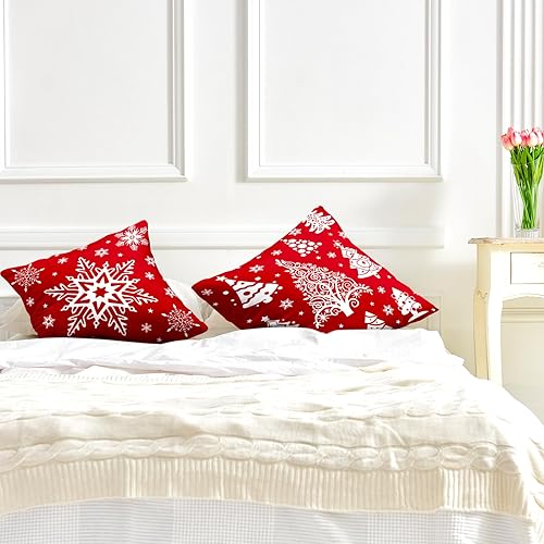 Miniatura 8 de Kwlegh Juego de 2 fundas de almohada rojas de invierno de 18 x 18 pulgadas, juego de 2 almohadas de copos de nieve, fundas de almohada decorativas