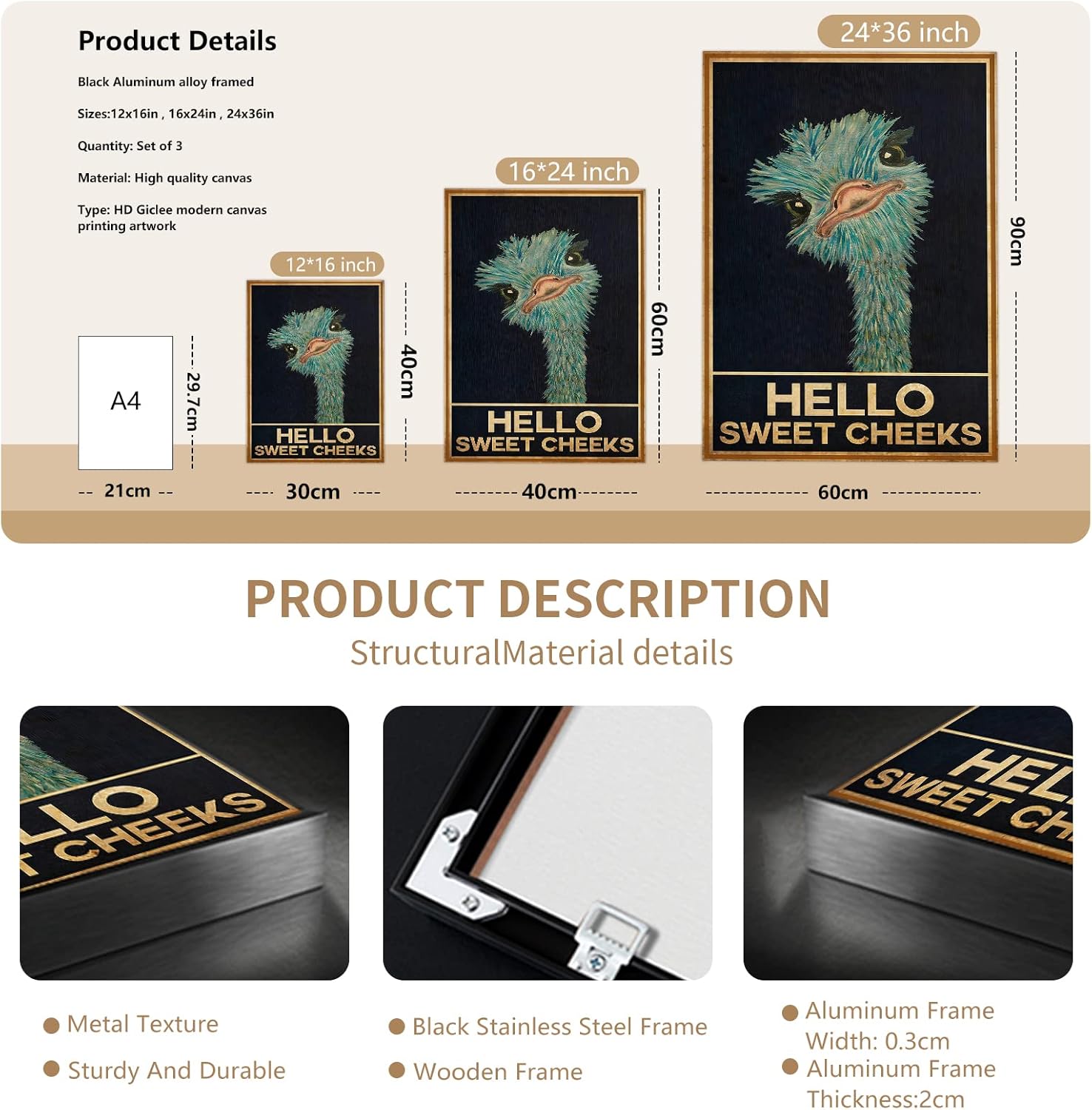 Adyggefy Framed Vintage Funny Animal Bathroom Canvas Wall Art Rustic Cute Ostrich Hello Sweet Cheeks Quotes Aesthetic Posters Modern Trendy Animals Pictures Retro Comical Toilet Prints 12x16in