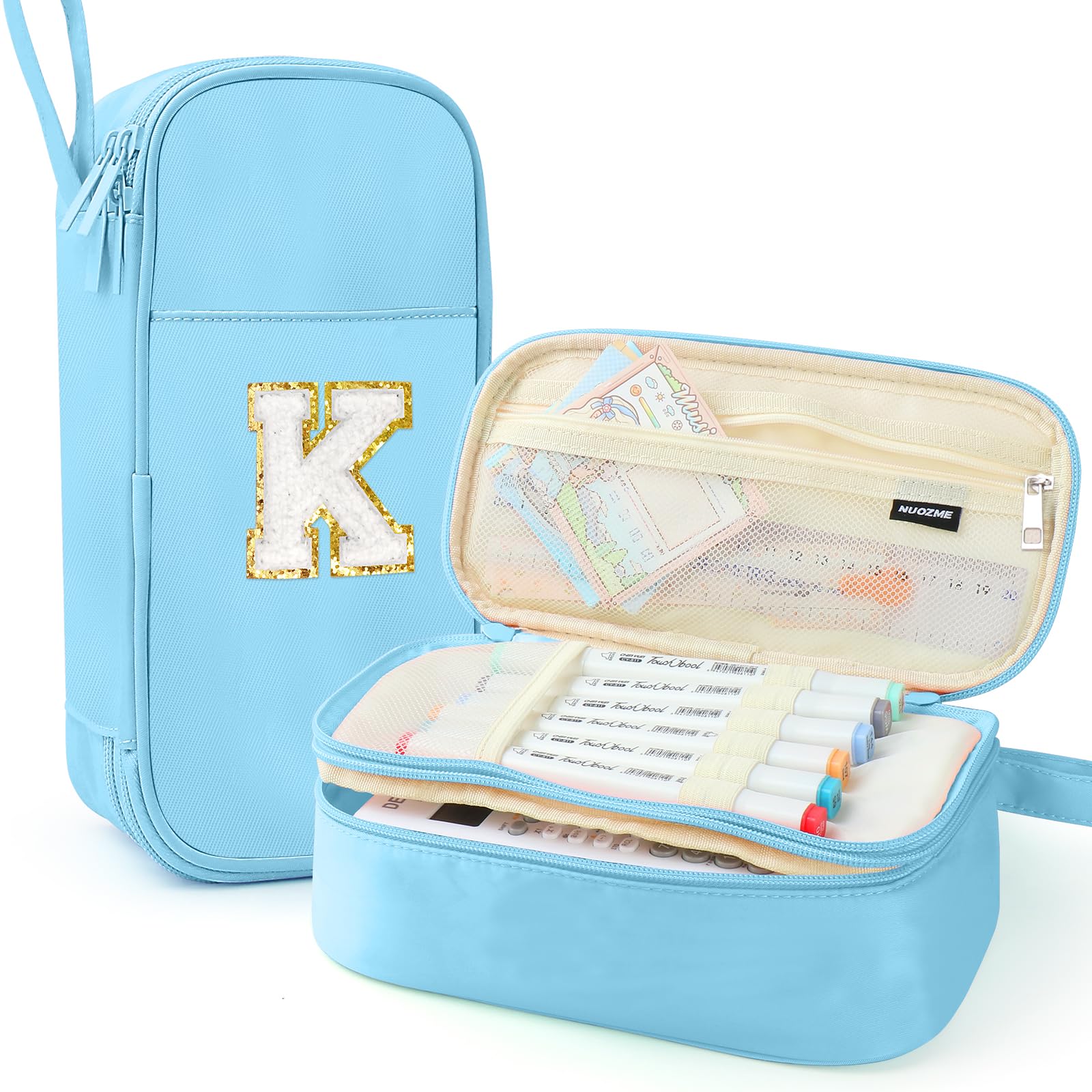 Nuozme Large Pencil Case,Big Capacity Pencil Pouch,Personalized Initial Pencil Bag with Smooth Zipper,Multiple Pockets,Cute Aesthetic Stationery Pen Case Bag for Teen Girls College (Blue, K)