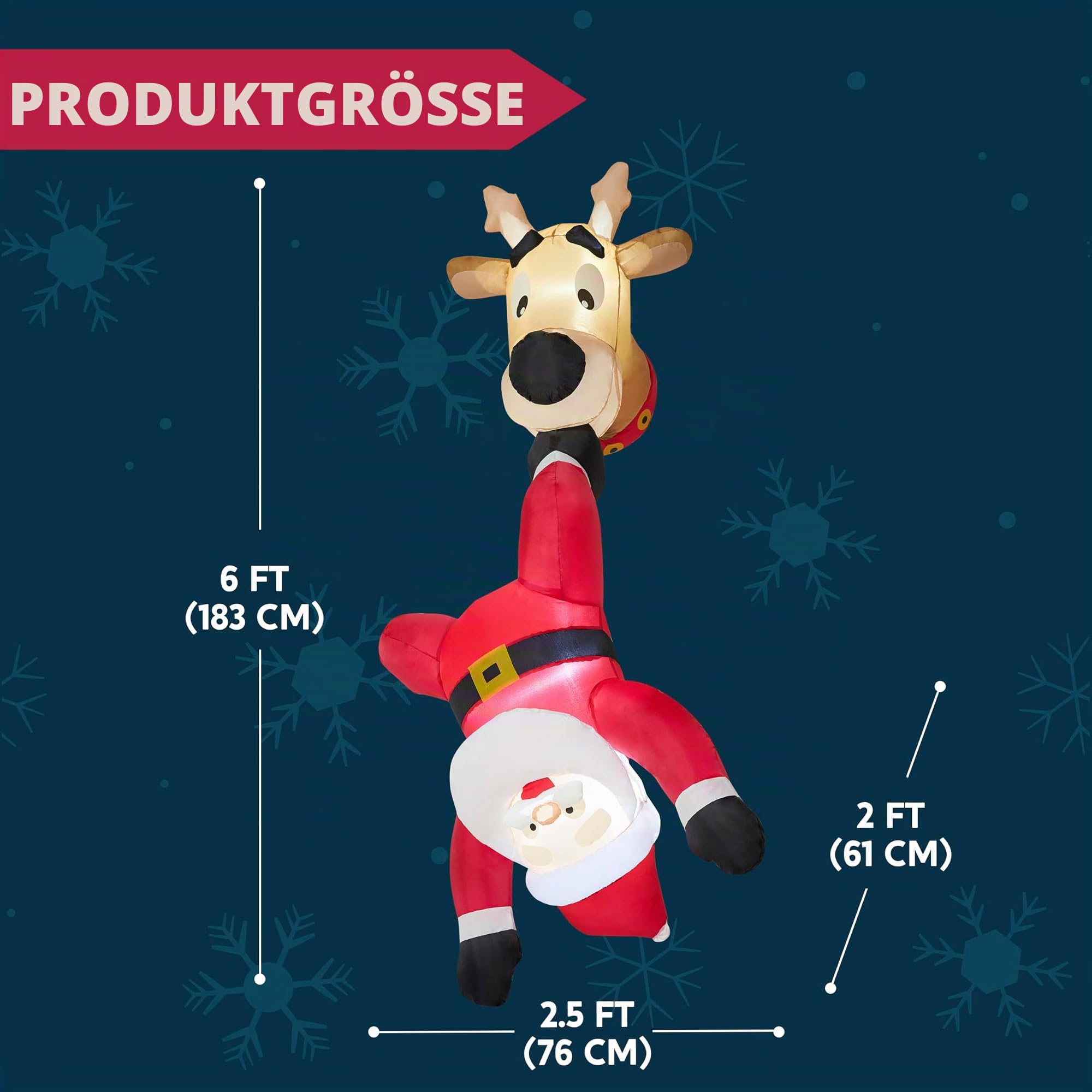 JOIEDOMI Aufblasbarer Weihnachtsmann mit Rentier, 1,8 m hoch, aufblasbar mit eingebauter LED für Fensterdekoration, Weihnachtsfeier, Outdoor, Innenhof, Garten, Dekoration