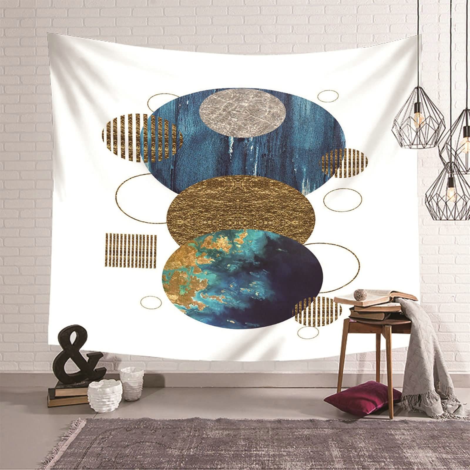 Tapiz de pared moderno KnSam de 150x130 cm, decoración geométrica azul y dorada