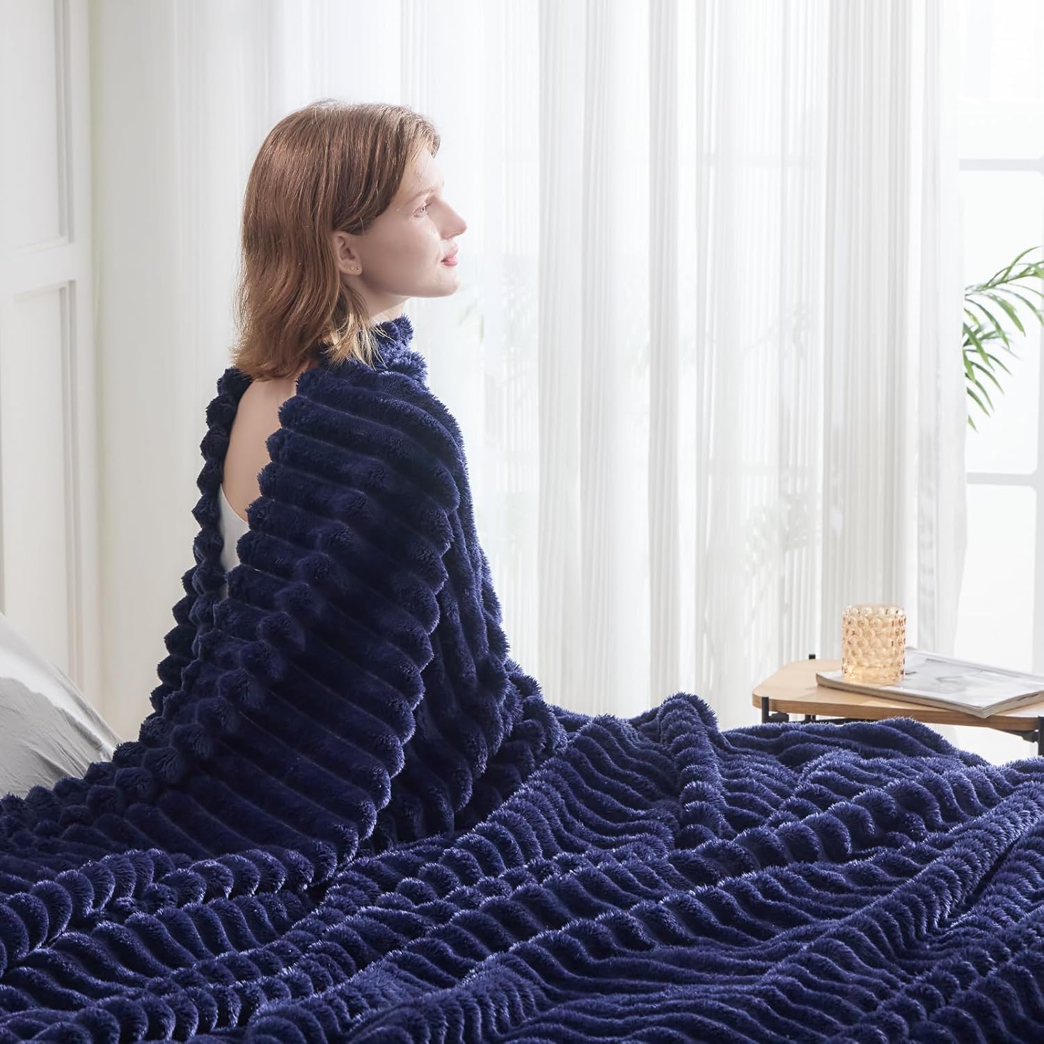 NEWCOSPLAY Super Soft Queen Blanket Dark Navy Premium Silky Flannel Fleece 3D Ribbed Jacquard Lightweight Bed Blanket All Season Use (Dark Navy Ribbed, Queen(90"x90")) - Image 3