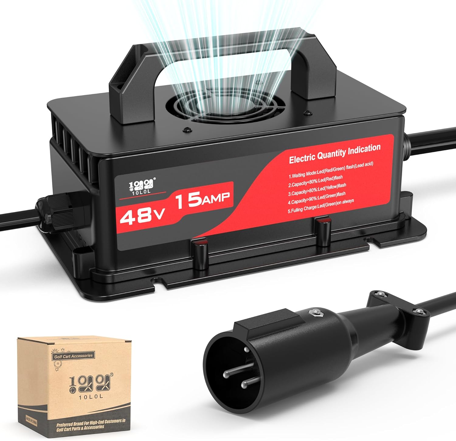 10L0L 15 AMP 48 Volt Golf Cart Charger for Club Car DS and Precedent with 3-Pin Round Plug, Lightweight Smart Charging for Lead Acid Batteries, Auto-Shut Off Protection – Black/Red