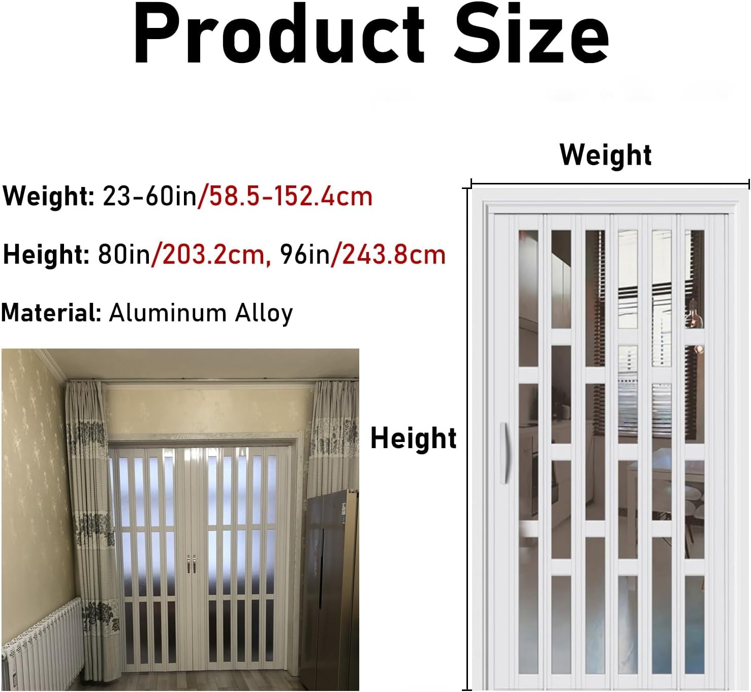 ERRULAN White Accordion Door, Kitchen Bathroom Multifold Folding Door with Frosted Acrylic Glass, Retractable Divider Closet Doors for Home and Office, 23-60 Inch Wide(32x80in/81x203cm)