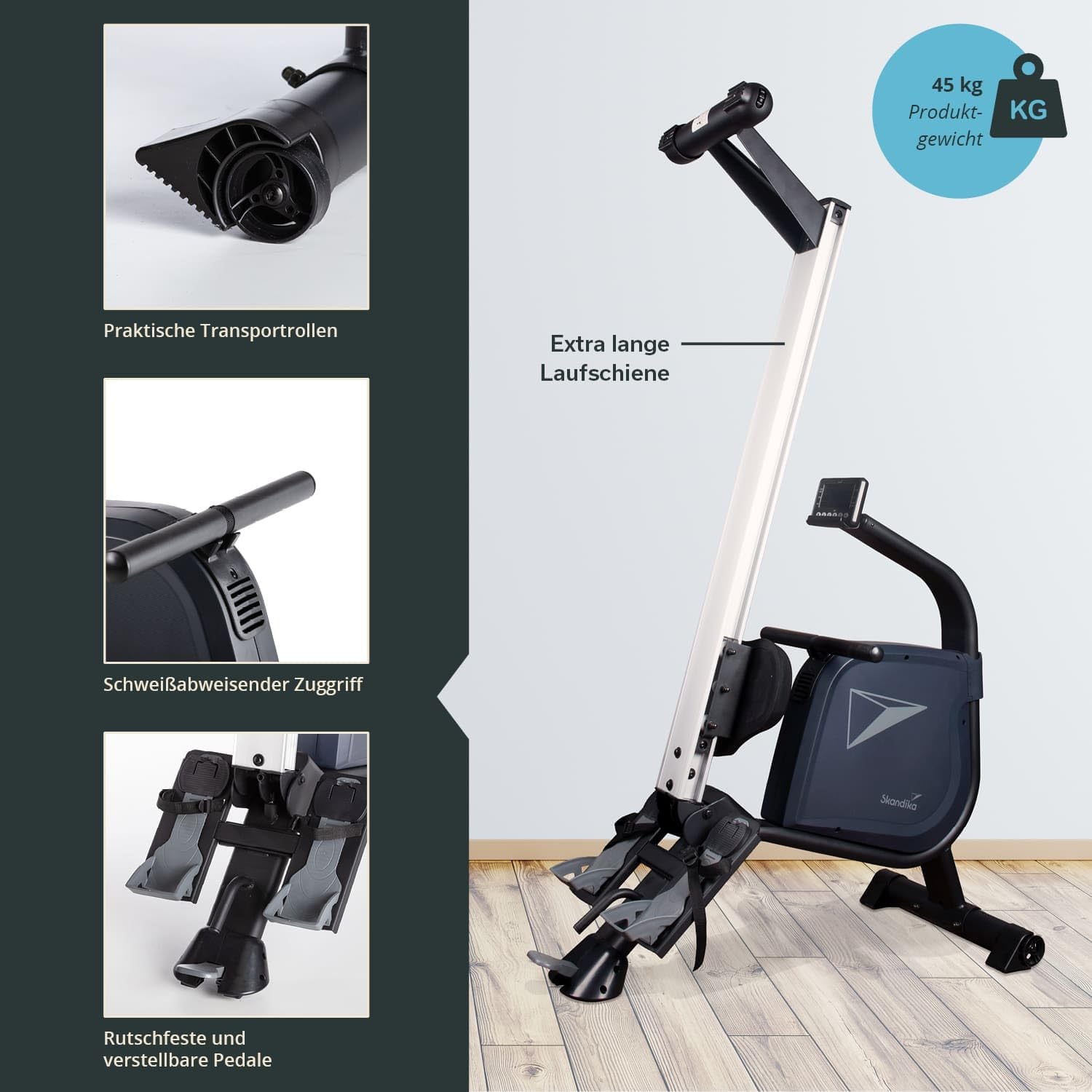 Skandika Njord Rowing Machine features including pedals and transport wheels