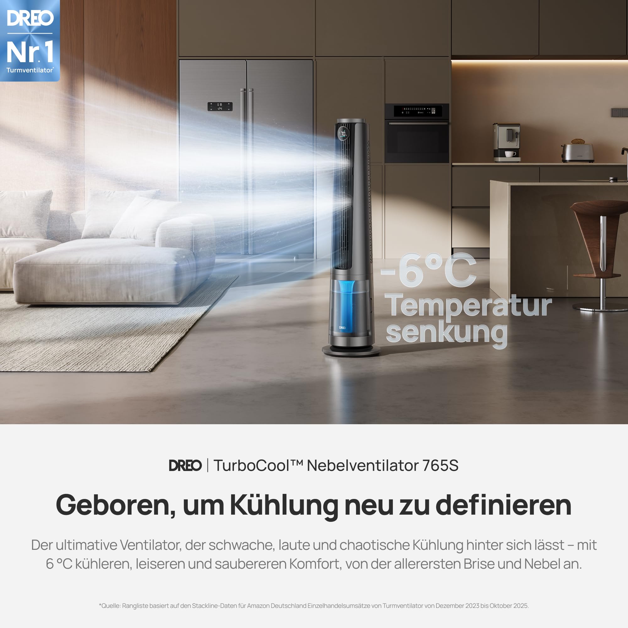 DREO TurboCool Nebelventilator 765S, 3-in-1 Turmventilator mit WLAN & App-Steuerung, 6 L Tank, 10.4 m/s, 20 dB leiser DC-Motor, 90° Oszillation
