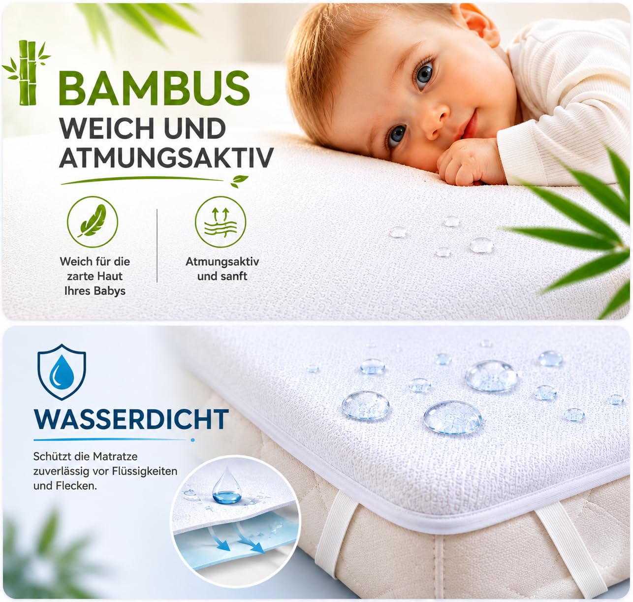 Flyideas Wasserdichter Matratzenschoner Babybett 80x160 cm, 2 STK. Zertif. Bambus - Matratzenschutz Betteinlage Babybettchen