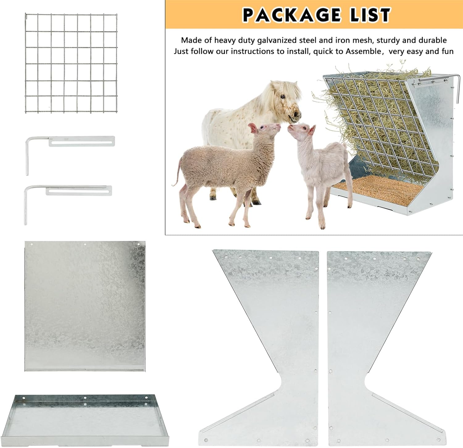 Hushee 2 in 1 Wall Mounted Heavy Duty Goat Horse Hay Feeder Rack Hanging Metal for Sheep 23.6" H Livestock Food Feeders Galvanized Steel No Waste for Mineral Forage Grain Adjustable Distance (Silver)