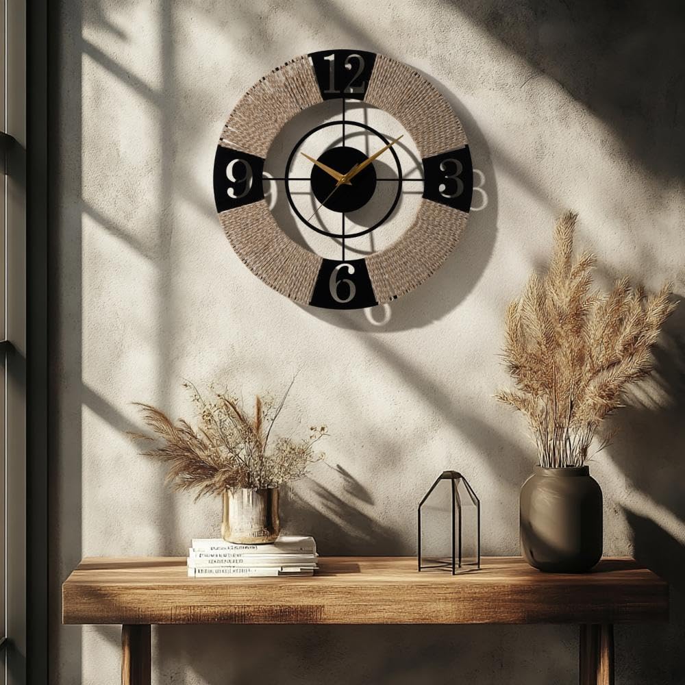 Wakefit Metal Analog Jute Wall Clock Big | 20 Inch | Laser Cut Abstract Home Decor & Gifting Option | for Living Room Study Bedroom & Office | Aeon D500