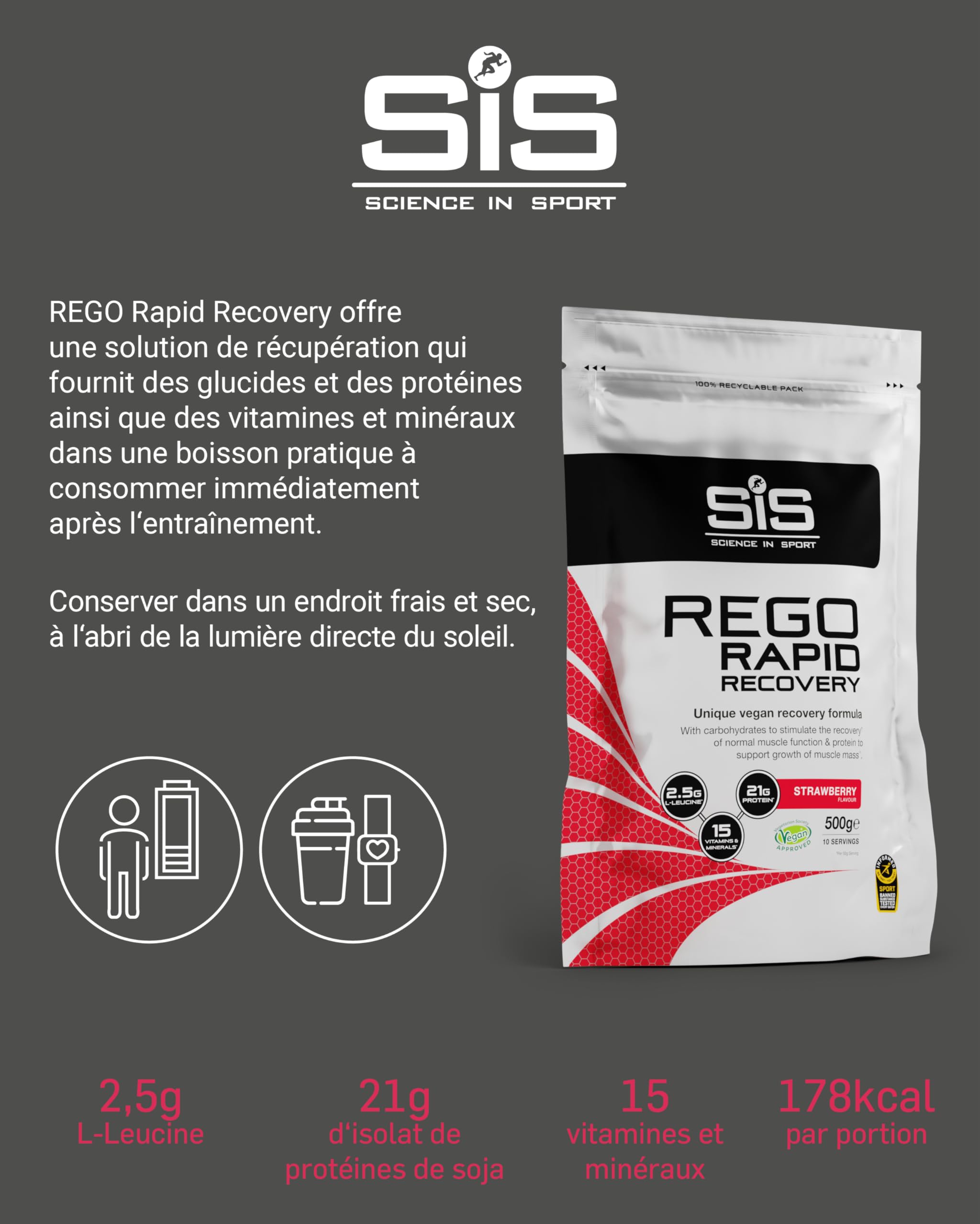 Science in Sport Rego Rapid Recovery Poudre 500g Fraise Vegan - Poudre récupération avec glucides, protéines, électrolytes, vitamines et minéraux, soutient un entraînement efficace