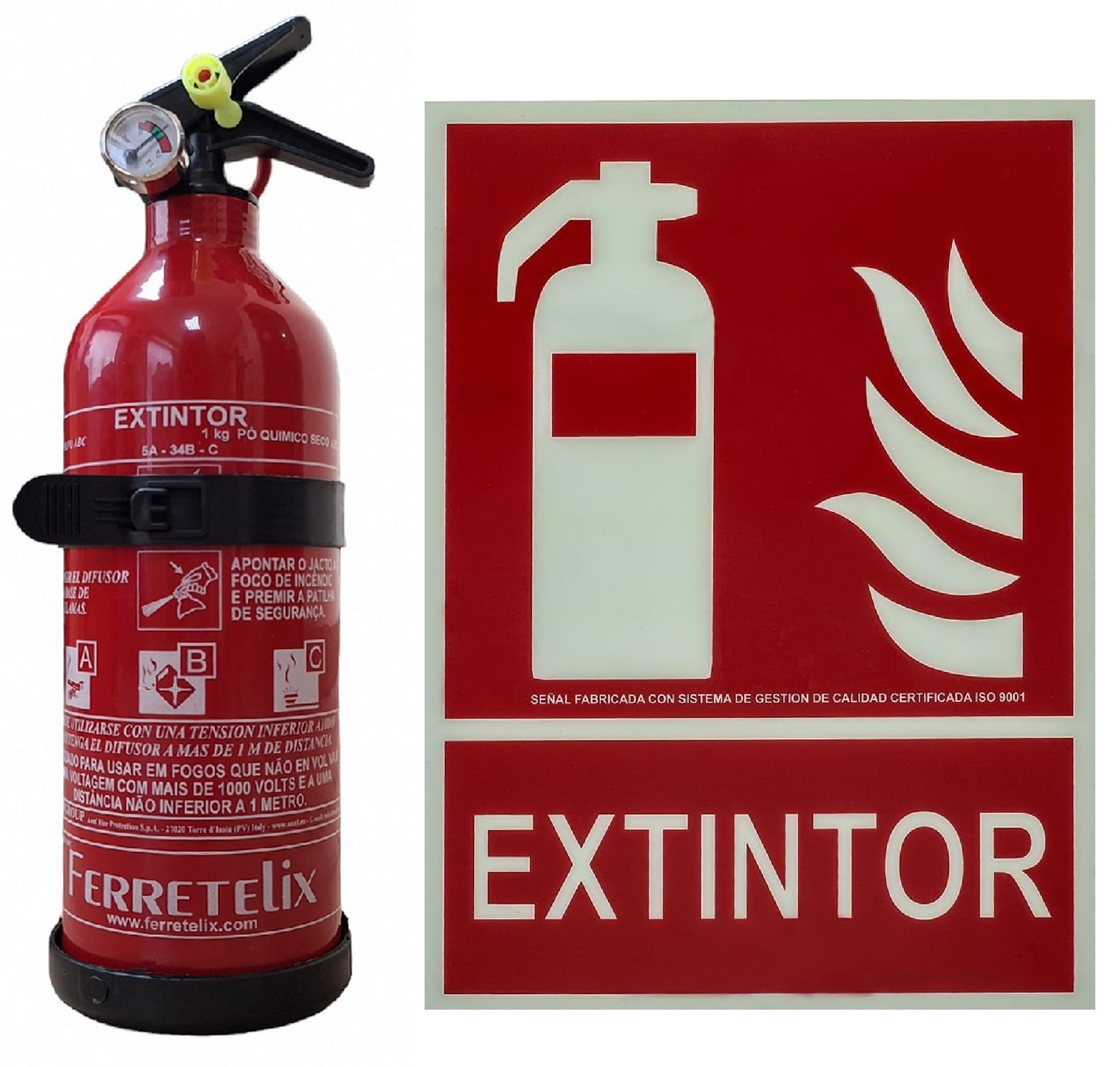 FERRETELIX® Extintor de 1 kg ABC + Cartel Fotoluminiscente 31x20 cm Homologado + Soporte de Montaje – FABRICADO EN 2026 Para Coche, Hogar, Oficina, Caravana, Barco o Barbacoa