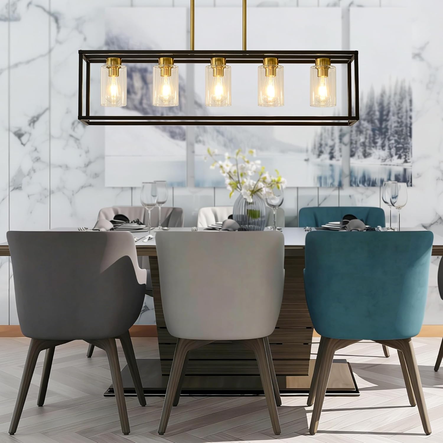 XILICON Brushed Brass+Black l Dining Room Chandeliers Lighting Fixture Linear Pendant Modern 5-Light with Glass Shades Vintage Farmhouse Ceiling Light Hanging for Kitchen Island Cafe Bar