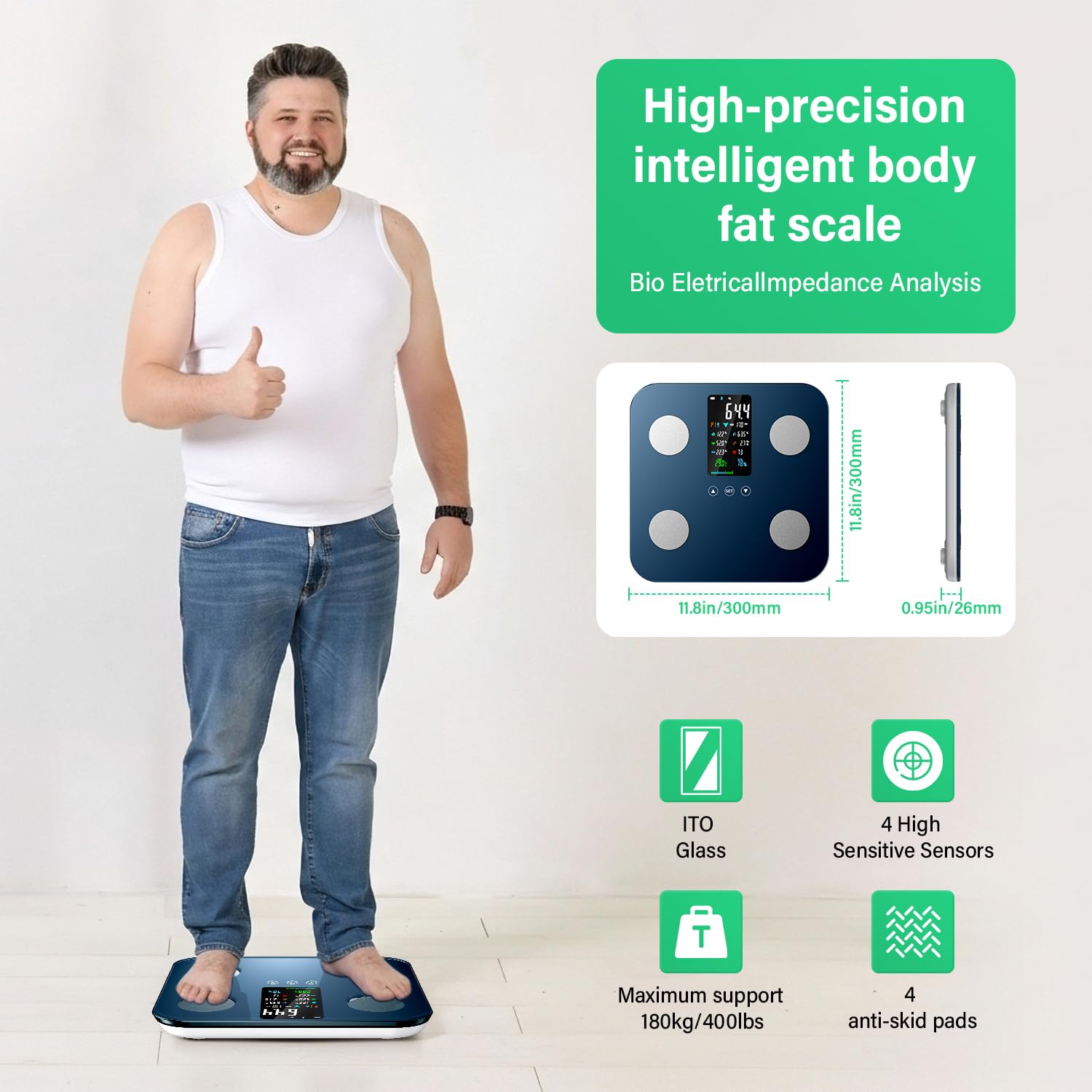 Onherm Bilancia digitale da bagno, bilancia professionale a bioimpedenza con ampio display, può misurare 19 dati corporei con app, bilancia portatile per misurare il grasso