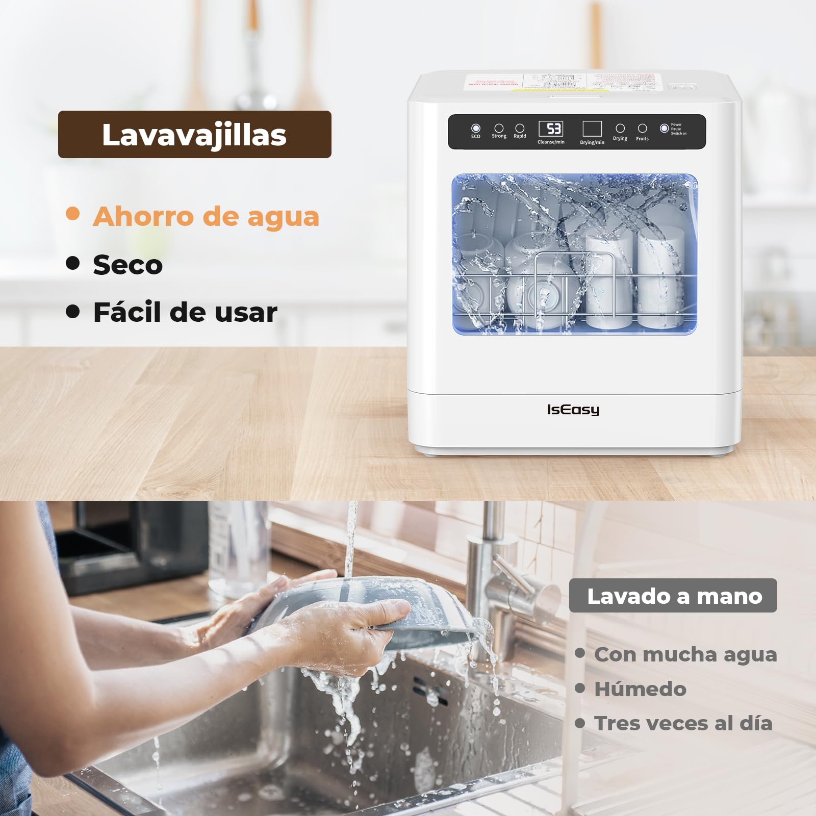 IsEasy Lavavajillas de encimera Mini lavavajillas 43CM con 5 Programas,Pantalla LED,lavado de Fruta,Dos modos de suministro de agua Ideal para cocinas domésticas, apartamentos y campings