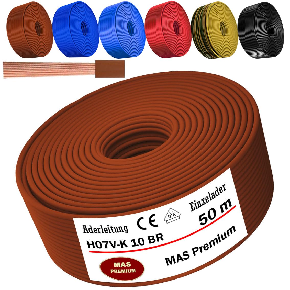 MAS Premium Cavo unipolare H07 V-K 10 mm² Nero, Marrone, Blu scuro, Verde-giallo, Blu chiaro o Rosso, cavo singolo flessibile da 5 a 100 m (Marrone, 50 m)