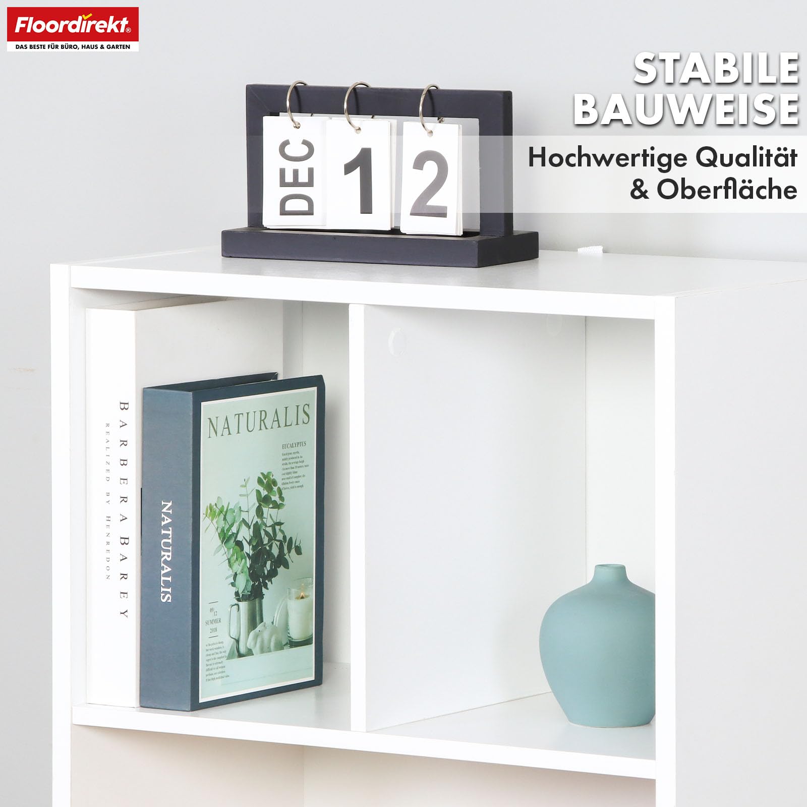 Floordirekt Regał na książki, biały z 6 półkami, regał w kształcie kostki, 29 x 50 szer. x 121 wys. cm, ścianka działowa do pokoju dziecięcego, salonu, biura i sypialni (California)